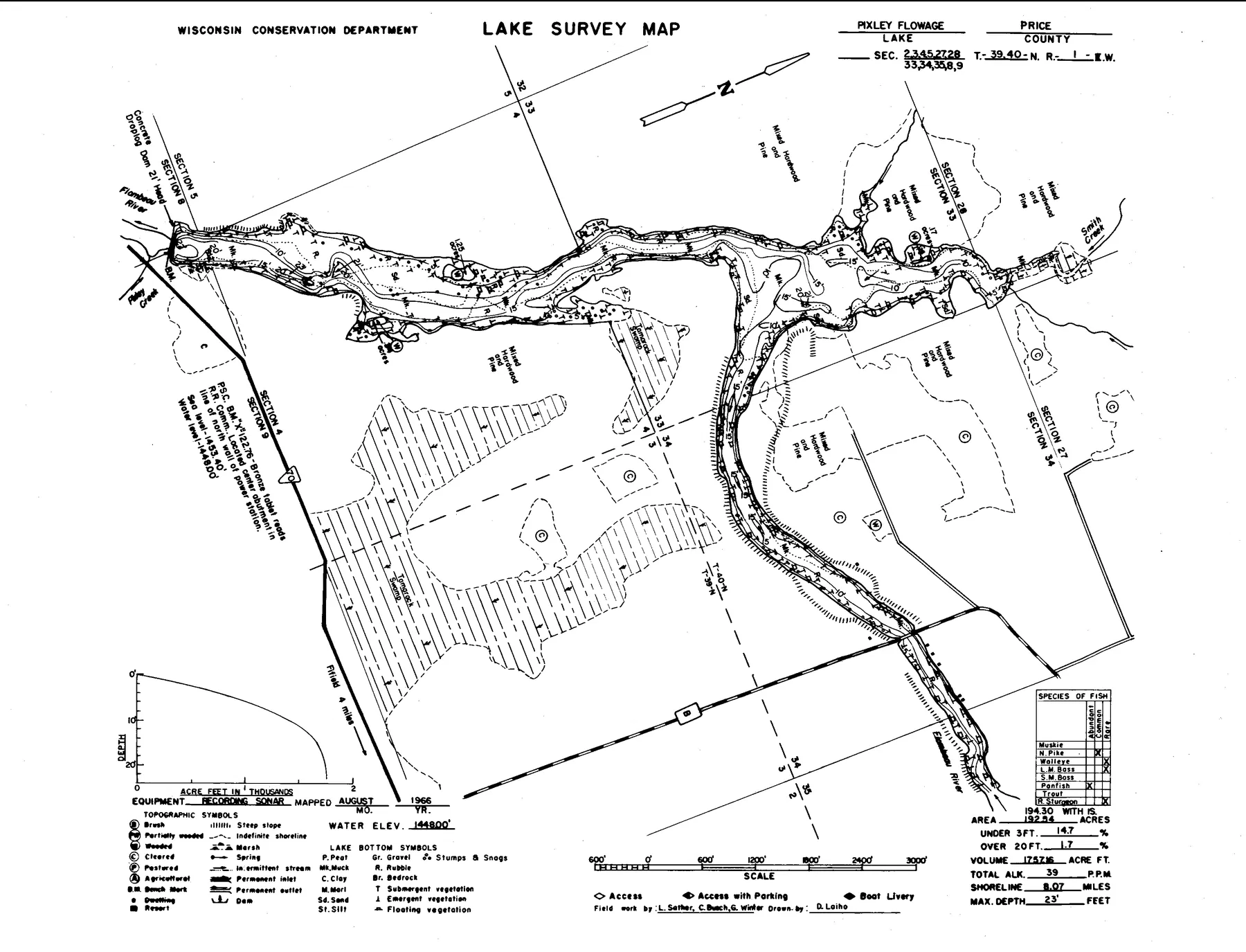 Pixley Flowage historical Wisconsin DNR depth map sheet 1