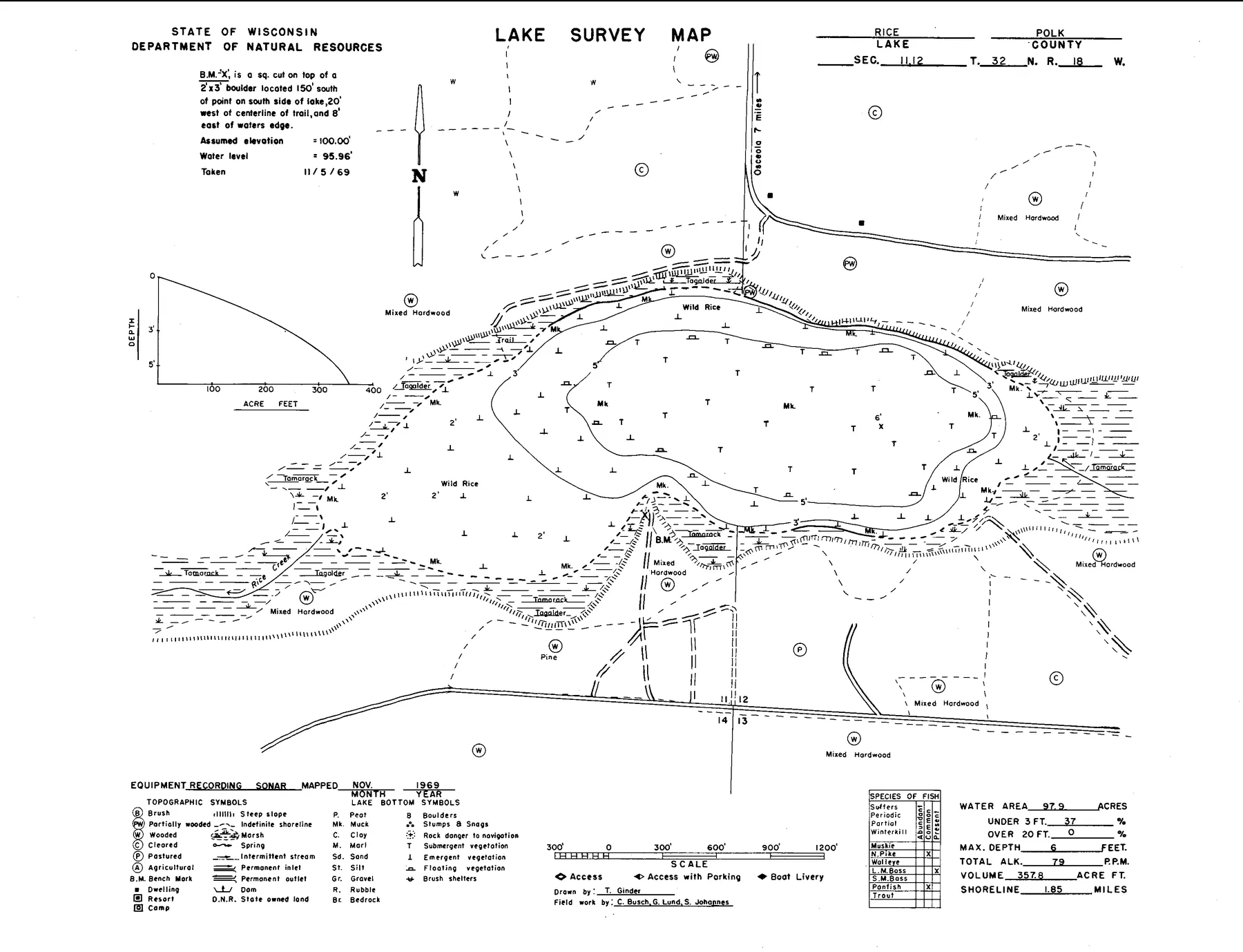 Rice Lake historical Wisconsin DNR depth map sheet 1