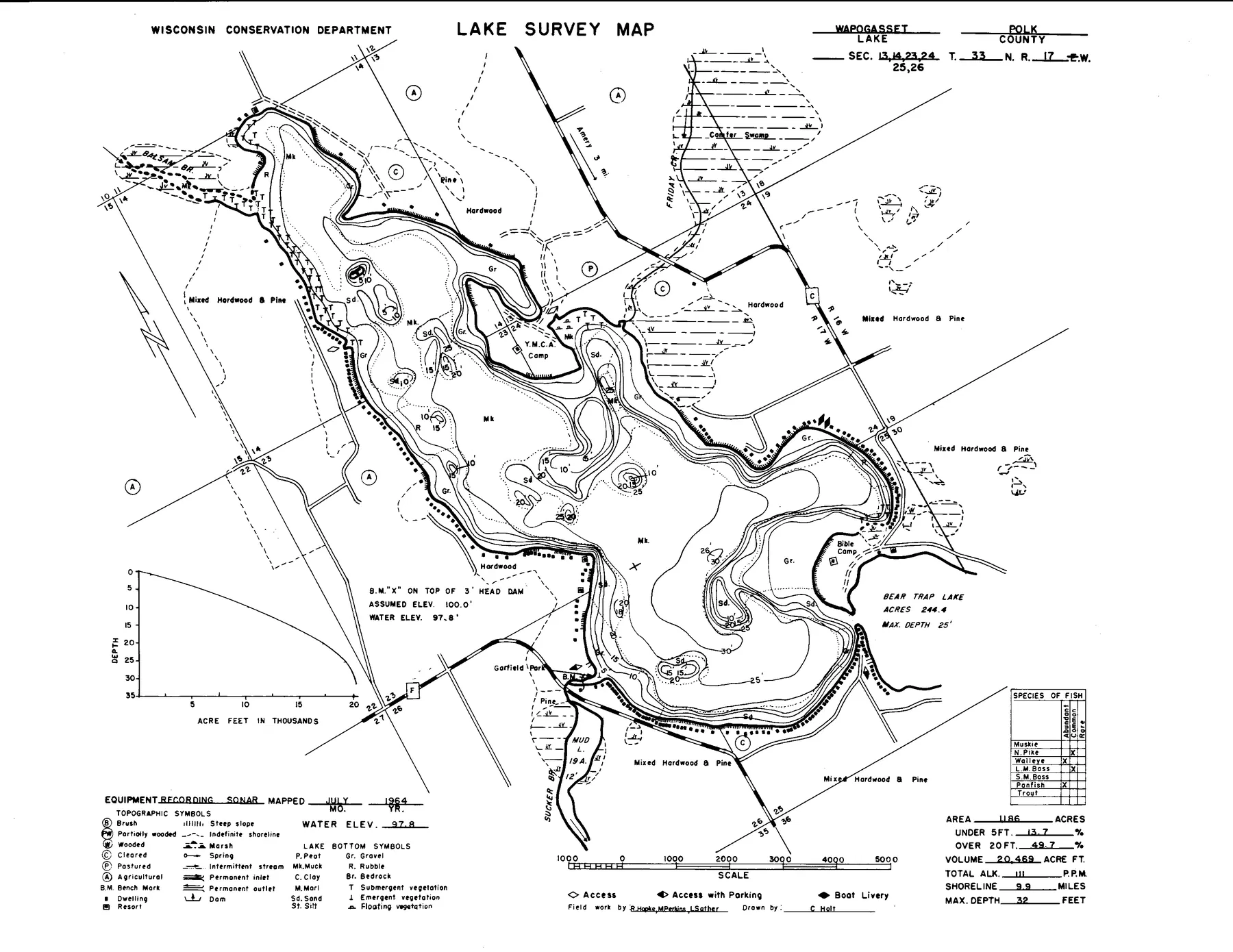 Wapogasset Lake historical Wisconsin DNR depth map sheet 1