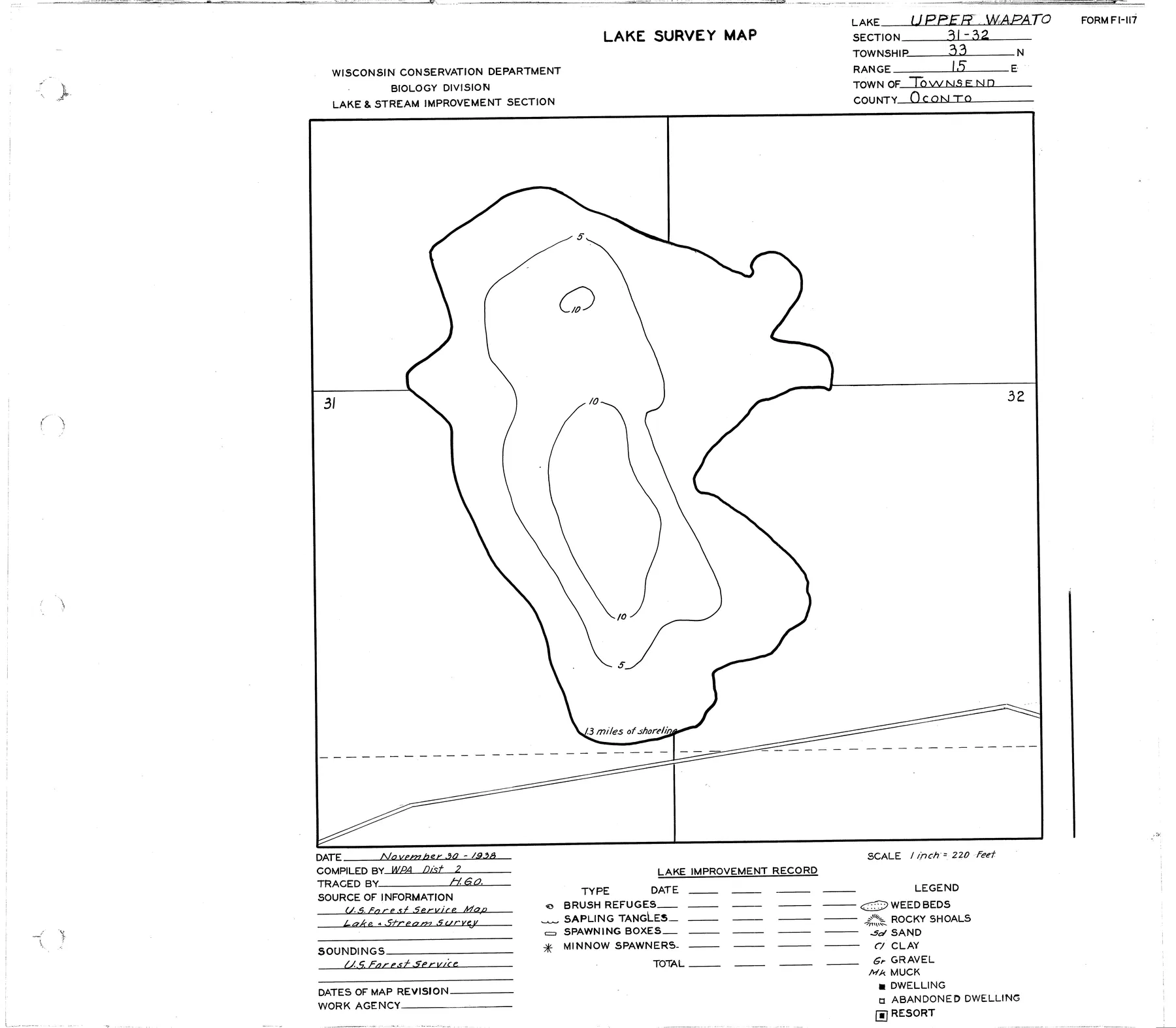 Upper Wapato Lake historical Wisconsin DNR depth map sheet 1