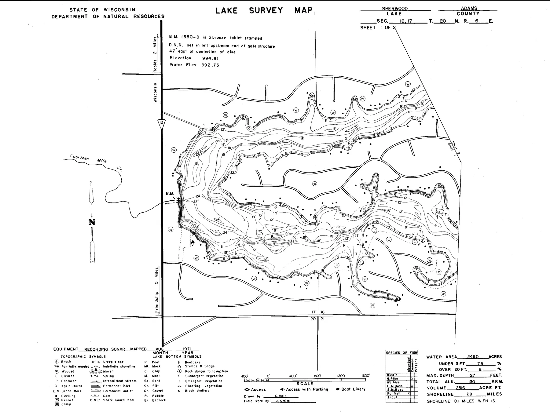 Lake Sherwood historical Wisconsin DNR depth map sheet 1