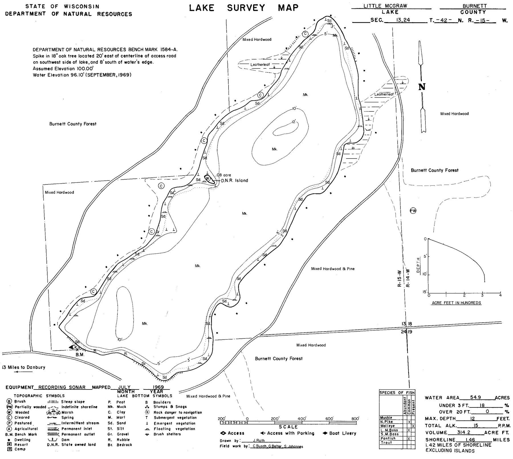 Little McGraw Lake historical Wisconsin DNR depth map sheet 1