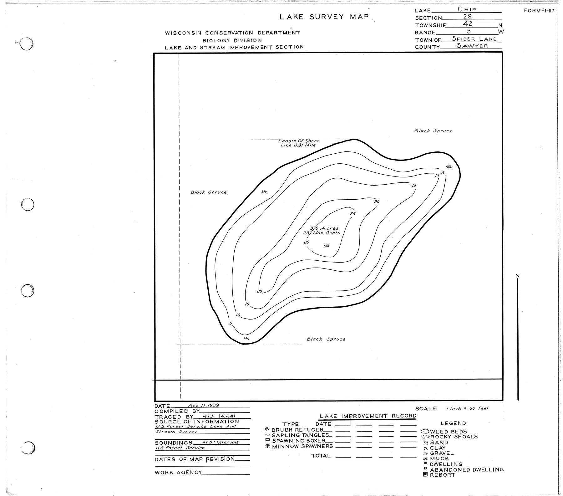 Chip Lake historical Wisconsin DNR depth map sheet 1