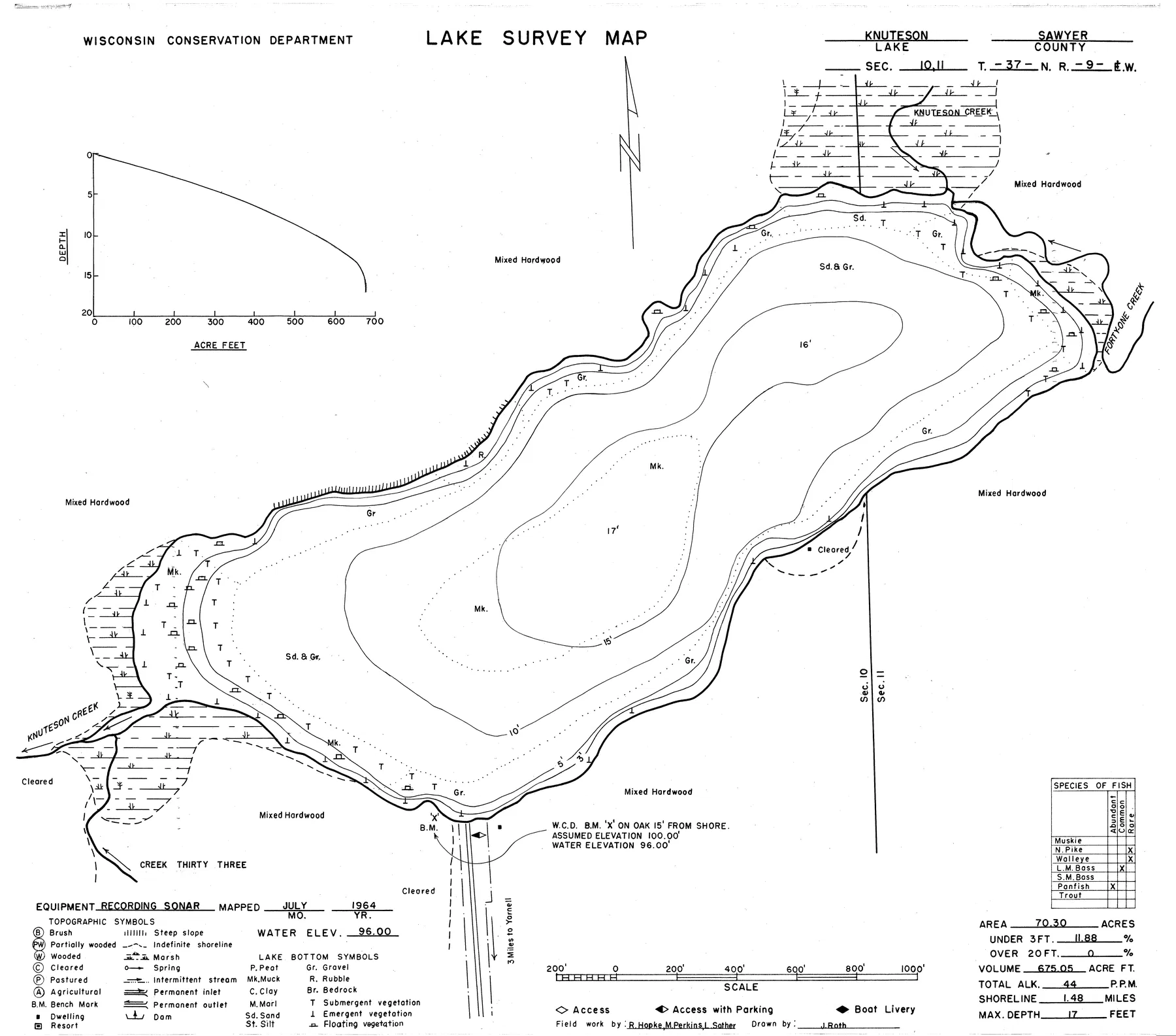 Knuteson Lake historical Wisconsin DNR depth map sheet 1