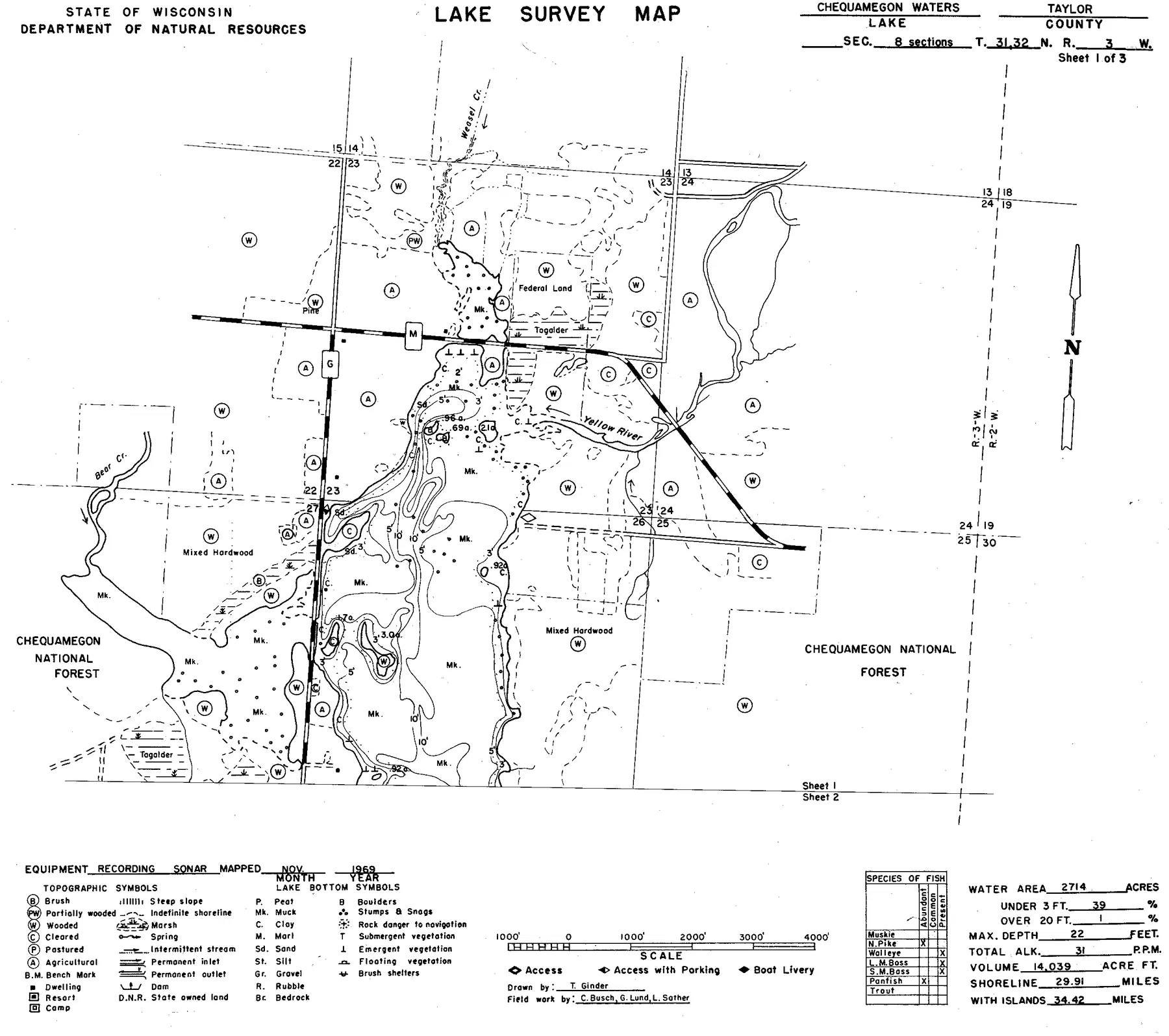 Chequamegon Waters Flowage historical Wisconsin DNR depth map sheet 1