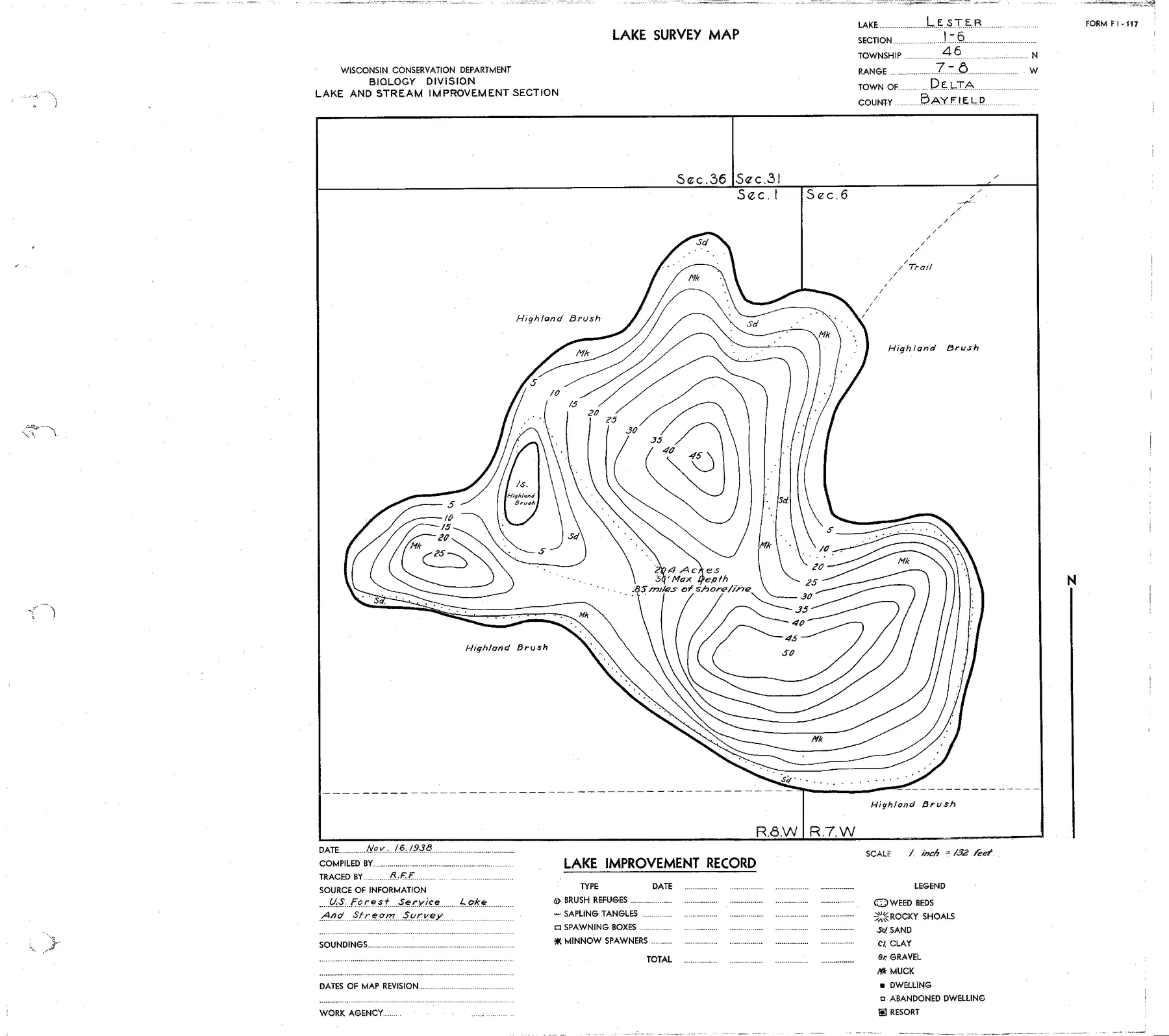 Lester Lake historical Wisconsin DNR depth map sheet 1