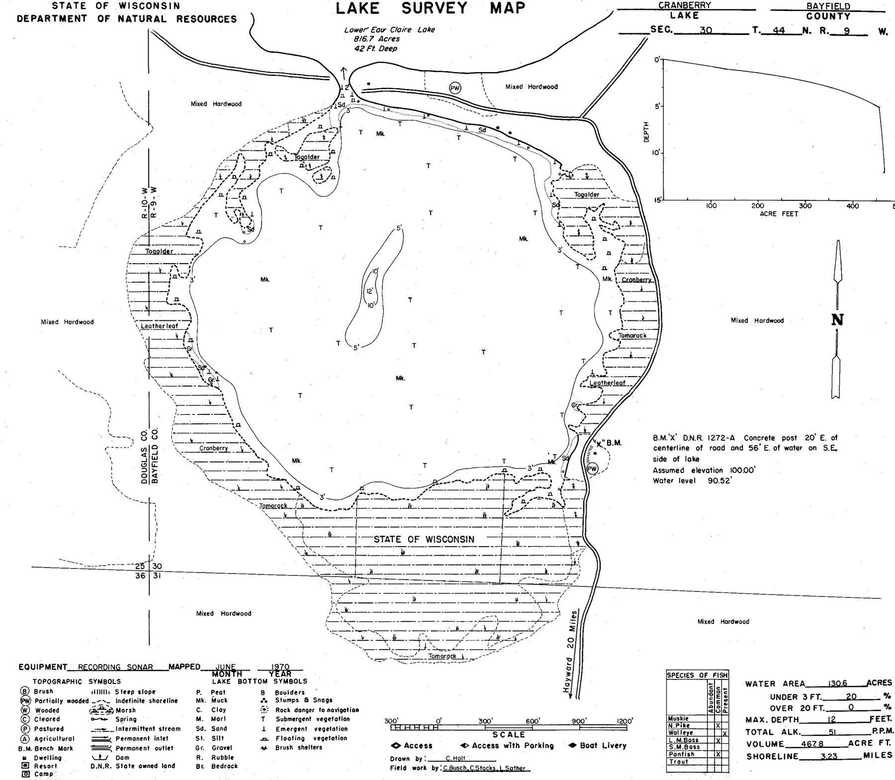 Cranberry Lake historical Wisconsin DNR depth map sheet 1