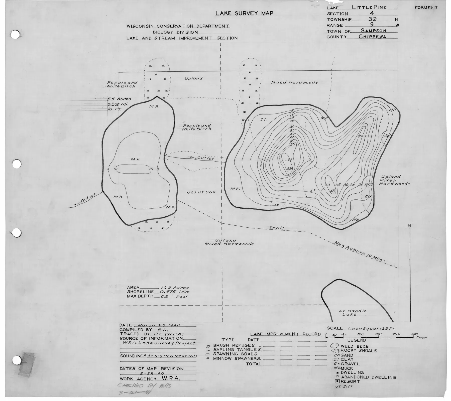 Little Pine Lake historical Wisconsin DNR depth map sheet 1