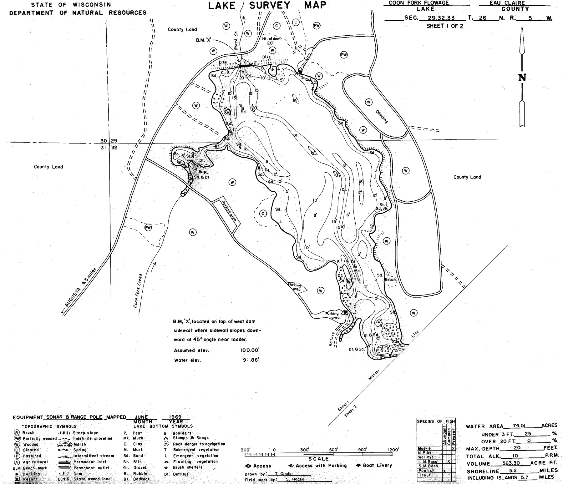 Coon Fork Lake historical Wisconsin DNR depth map sheet 1