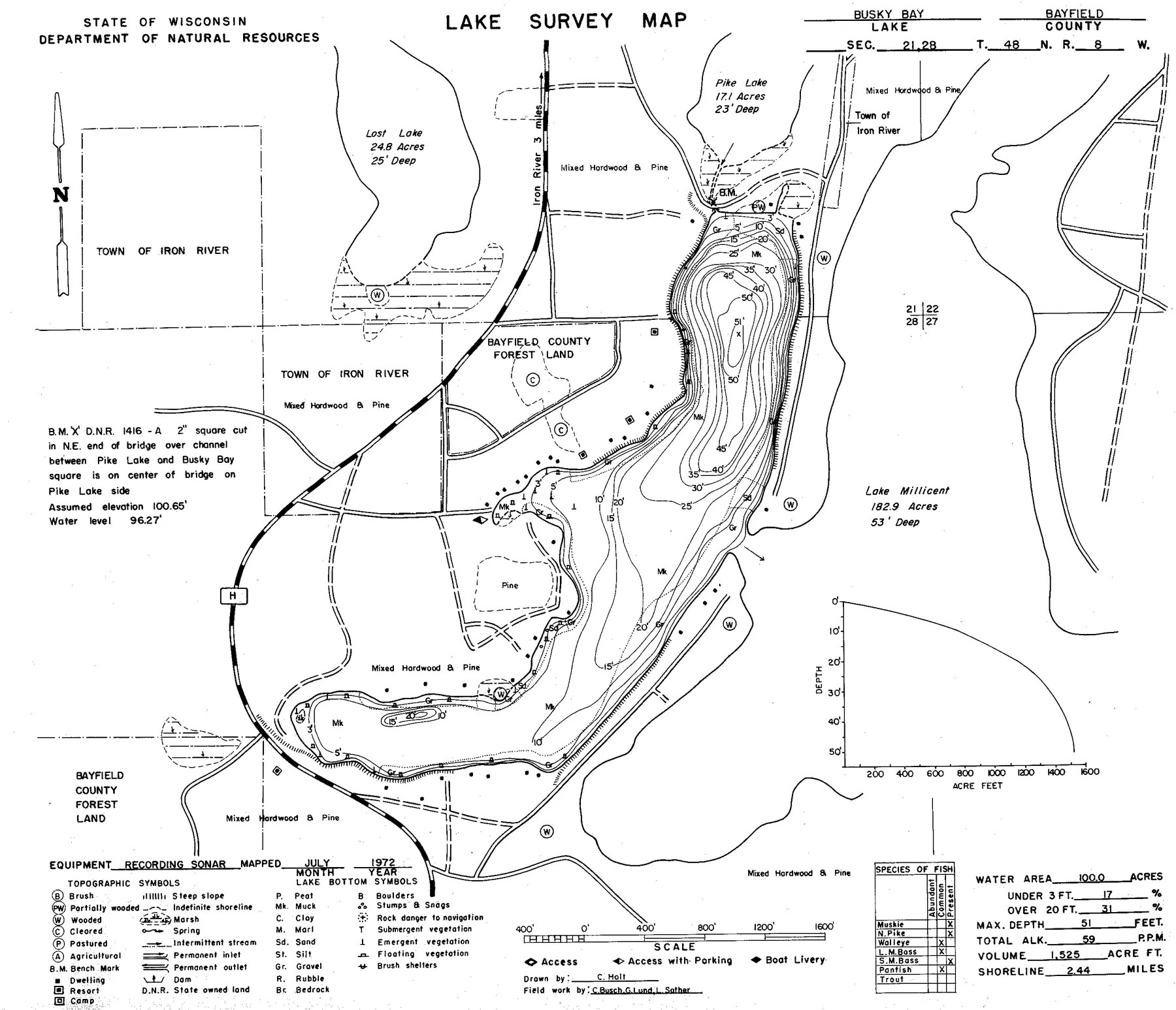 Buskey Bay historical Wisconsin DNR depth map sheet 1
