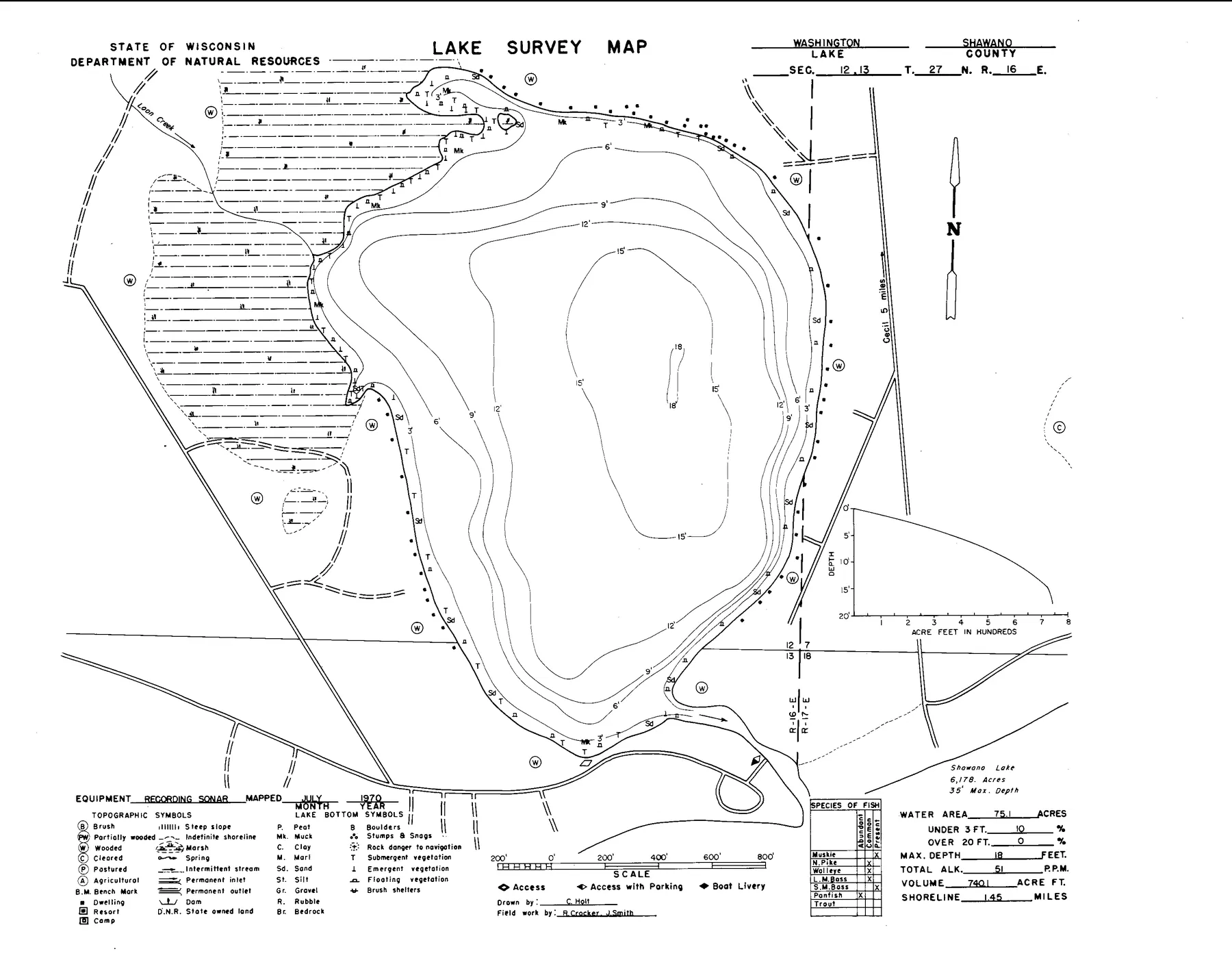Washington Lake historical Wisconsin DNR depth map sheet 1