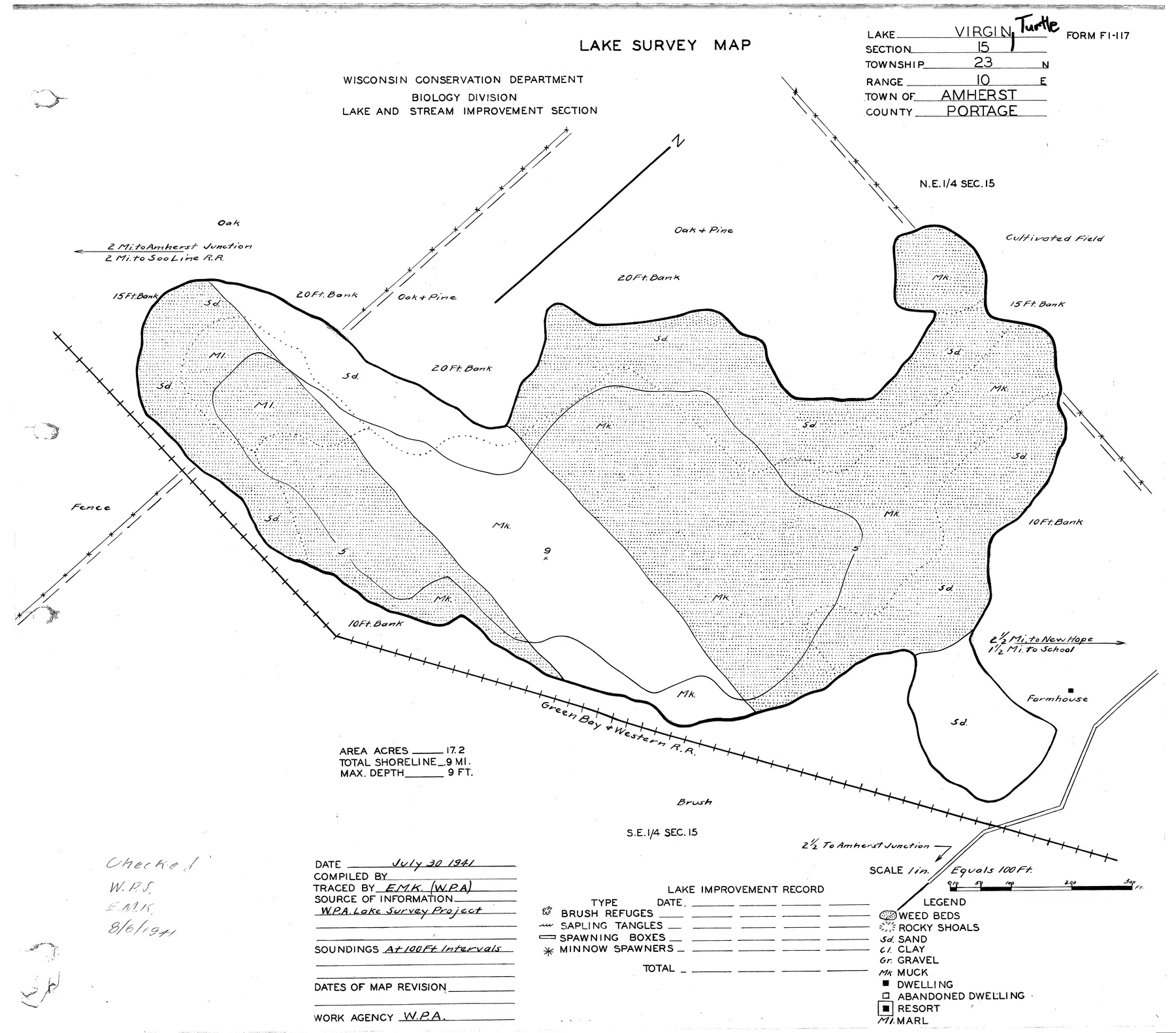 Turtle Lake historical Wisconsin DNR depth map sheet 1