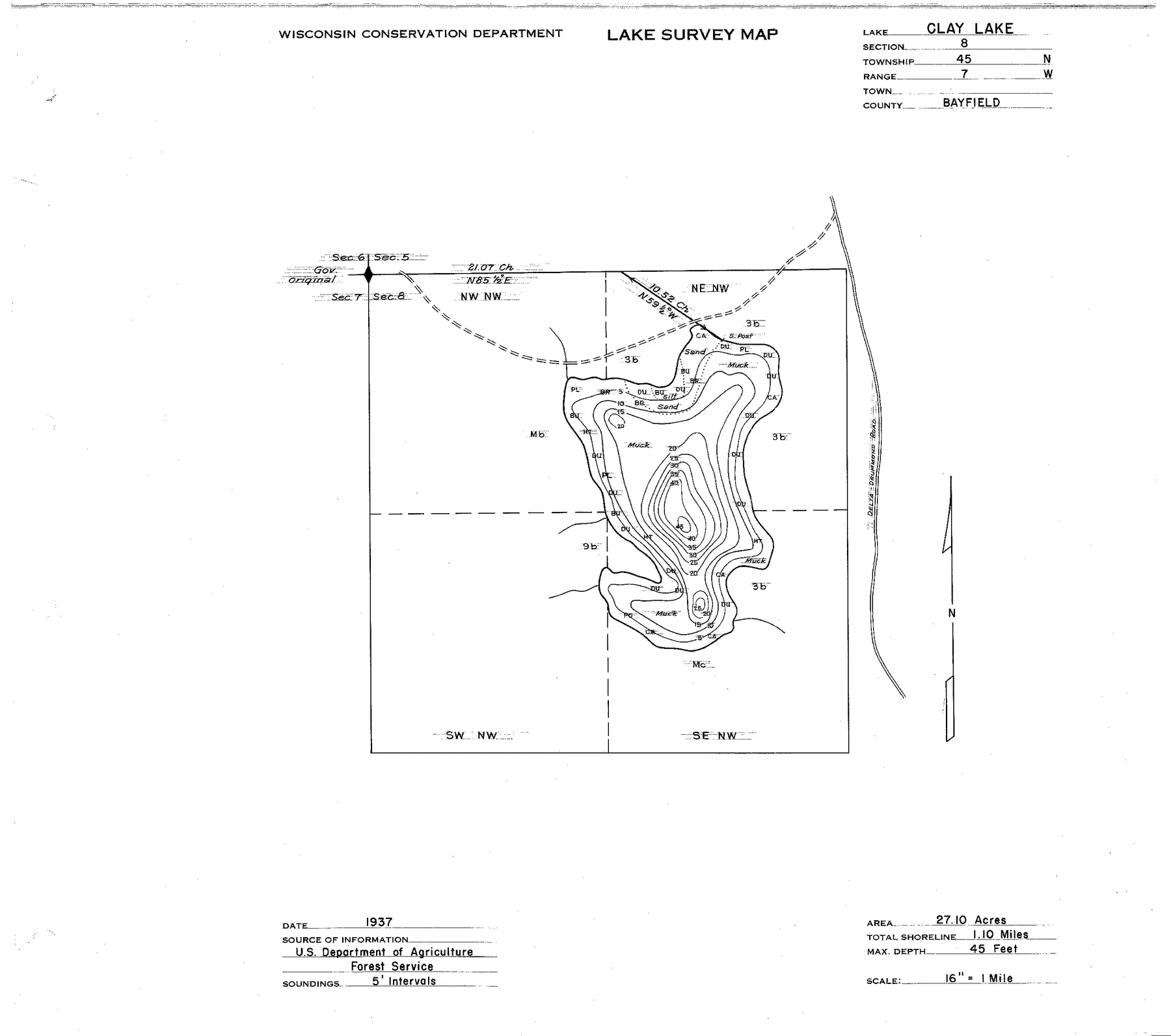 Clay Lake historical Wisconsin DNR depth map sheet 1