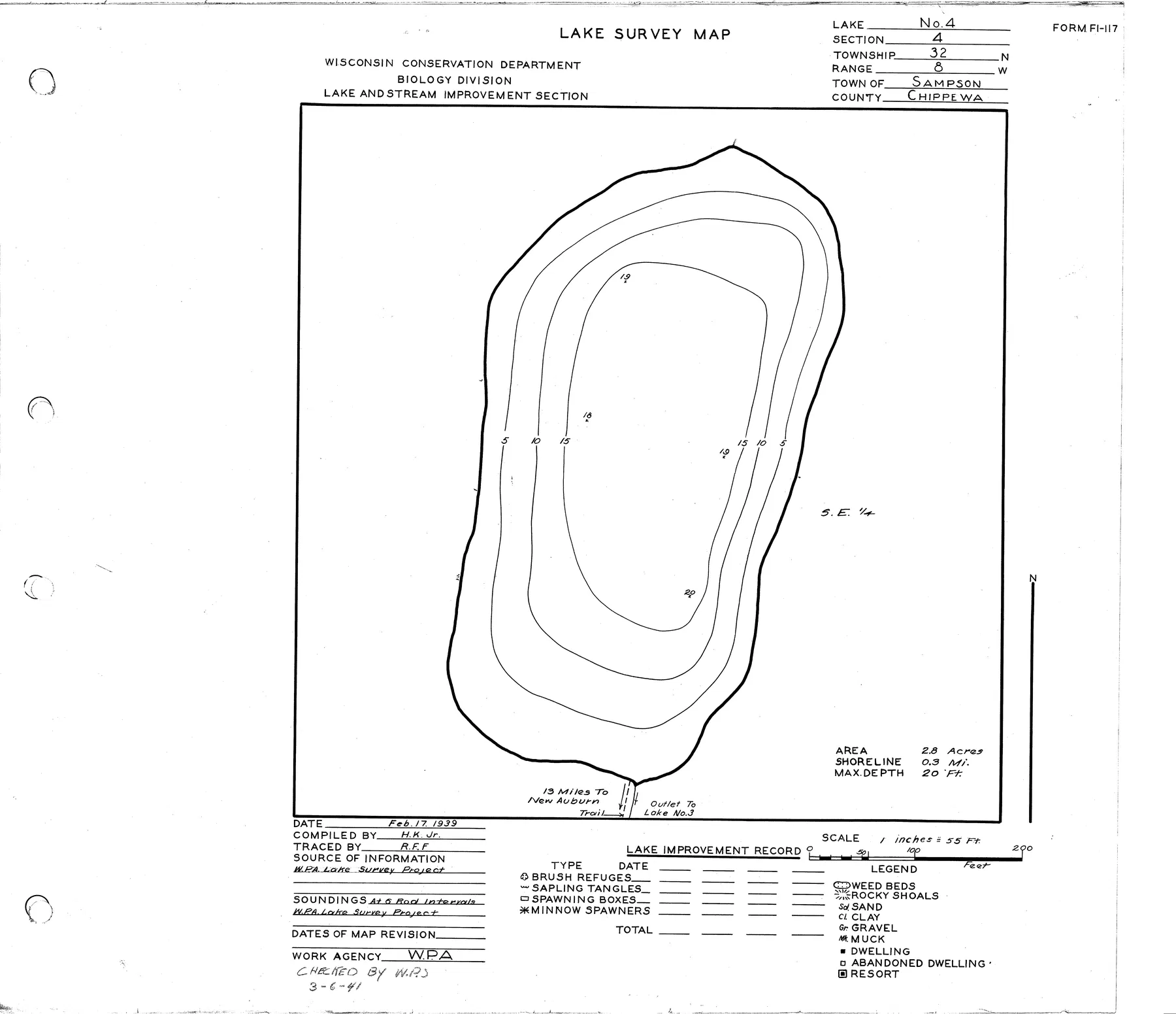 Number Four Lake historical Wisconsin DNR depth map sheet 1