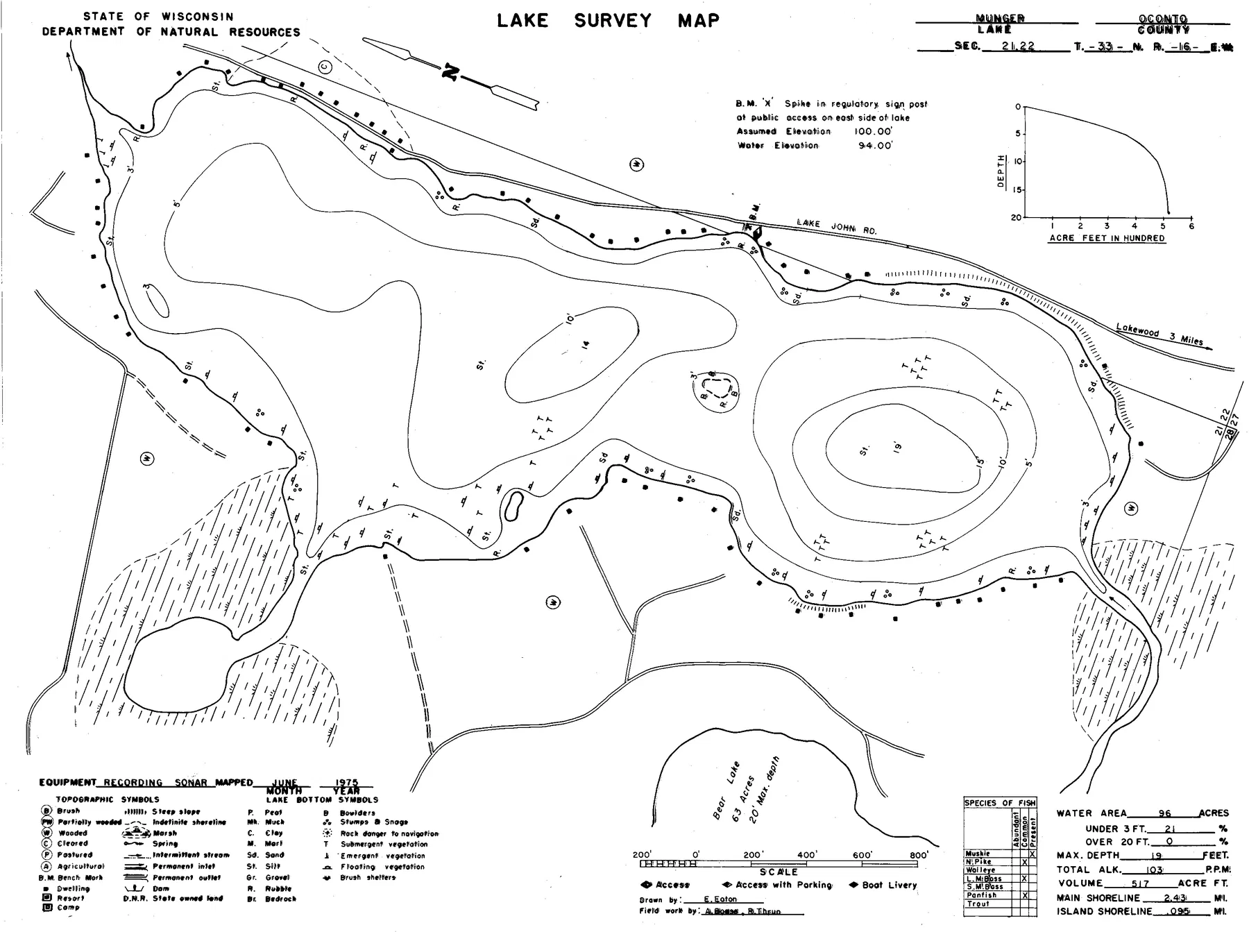 Munger Lake historical Wisconsin DNR depth map sheet 1