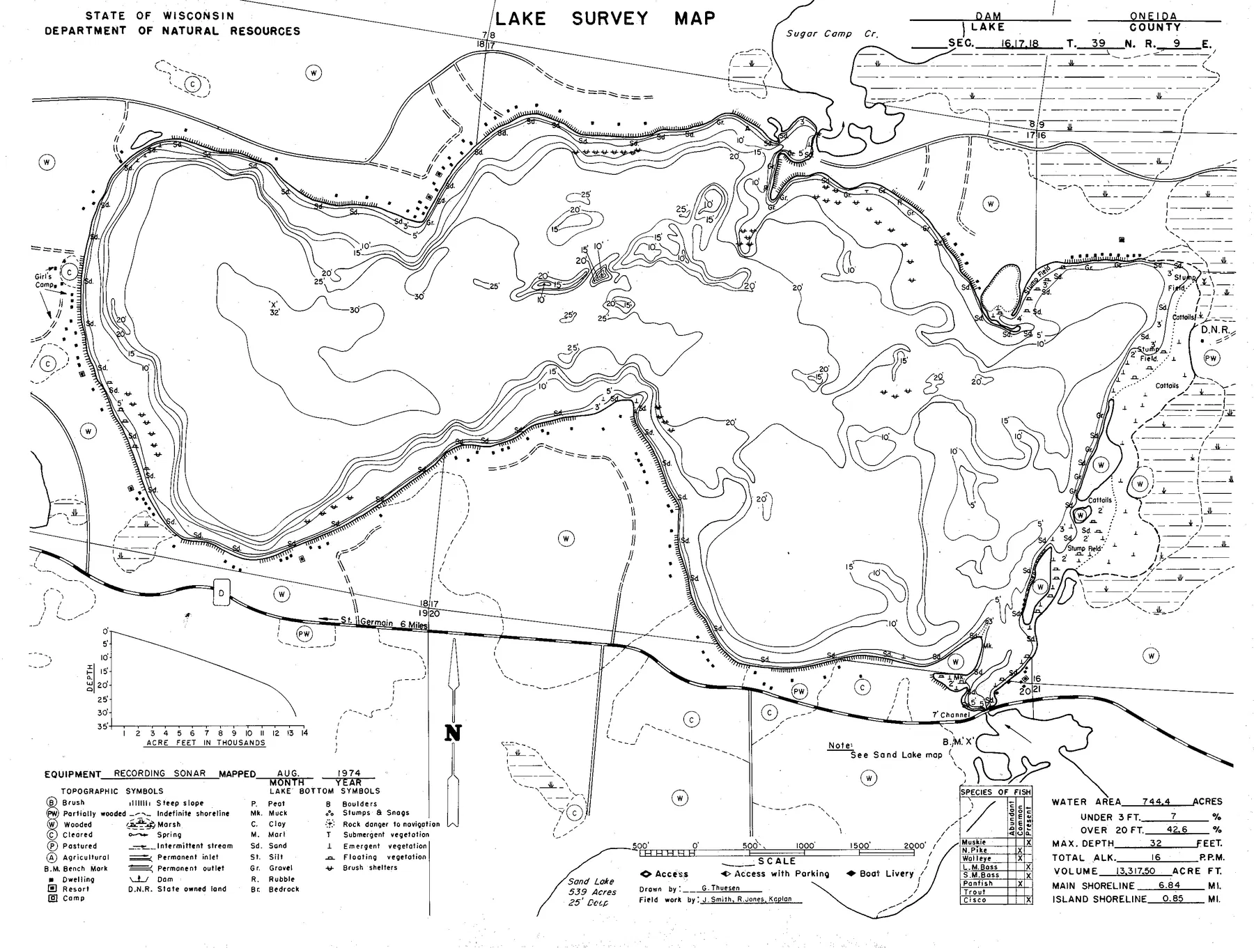 Dam Lake historical Wisconsin DNR depth map sheet 1