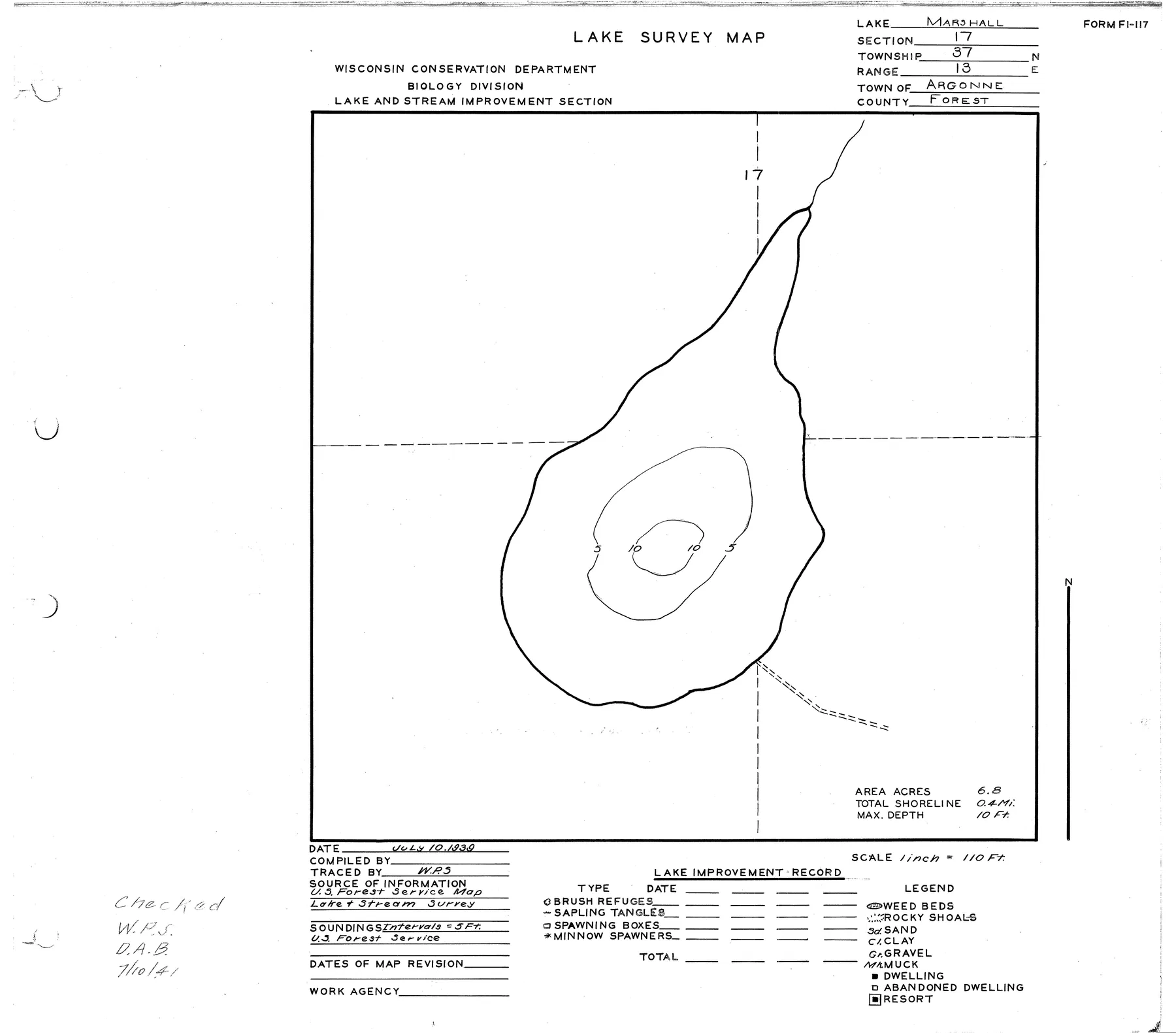 Marshall Lake historical Wisconsin DNR depth map sheet 1