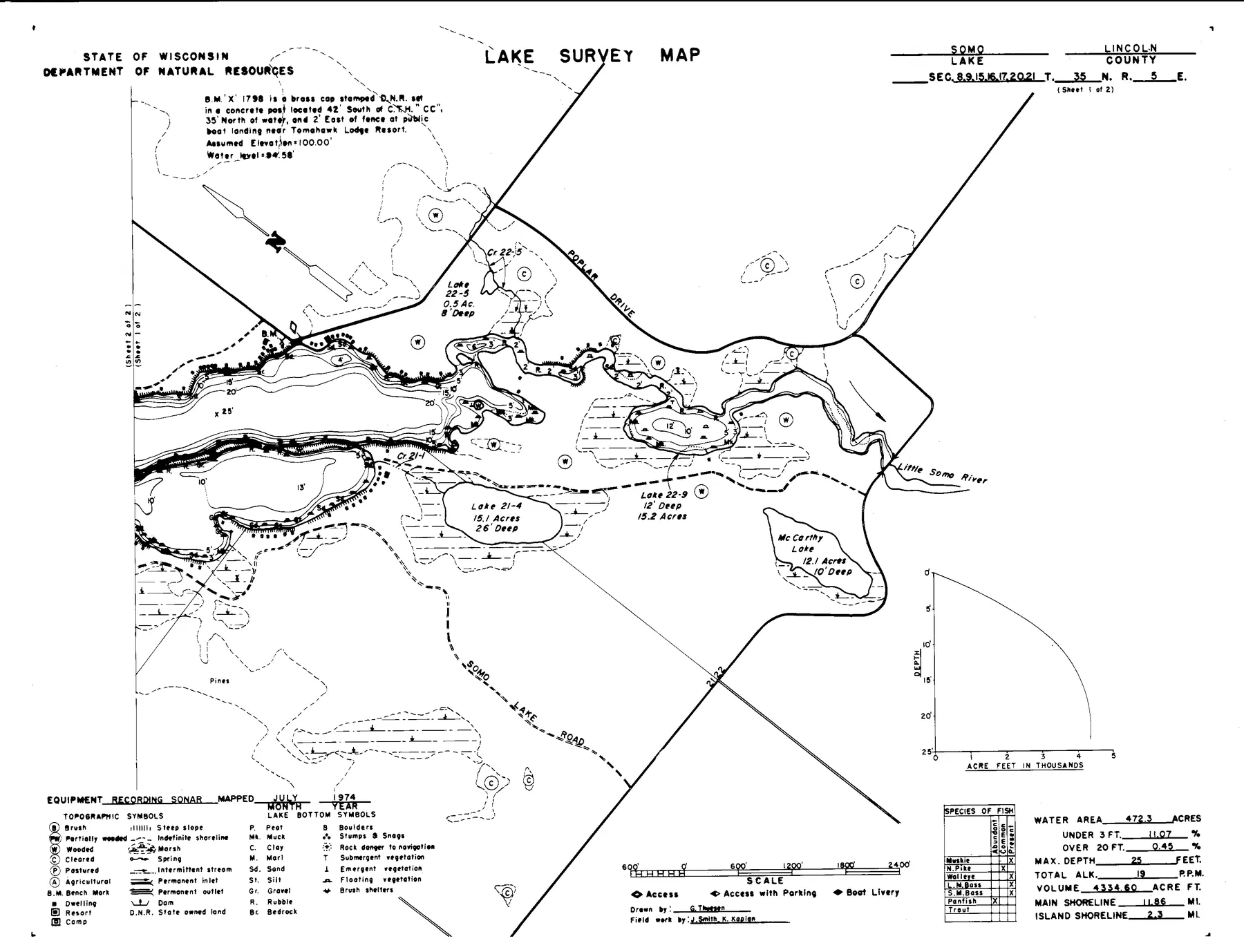 Somo Lake historical Wisconsin DNR depth map sheet 1