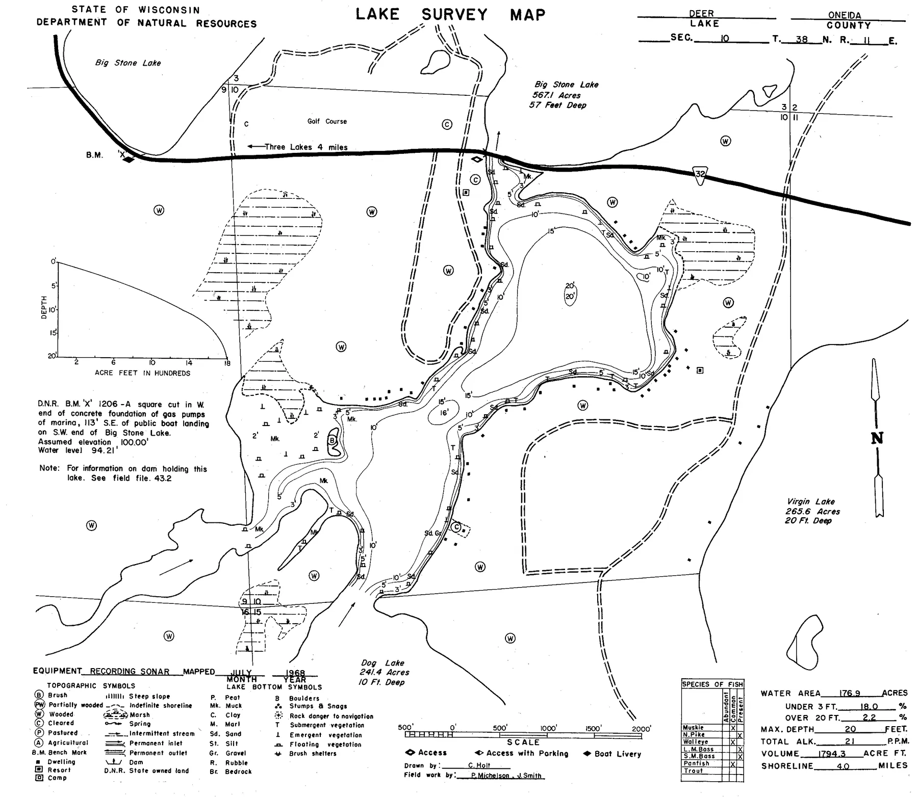 Deer Lake historical Wisconsin DNR depth map sheet 1