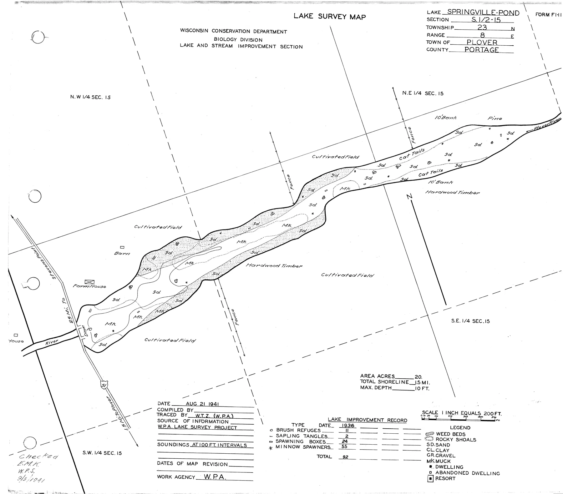Springville Pond historical Wisconsin DNR depth map sheet 1
