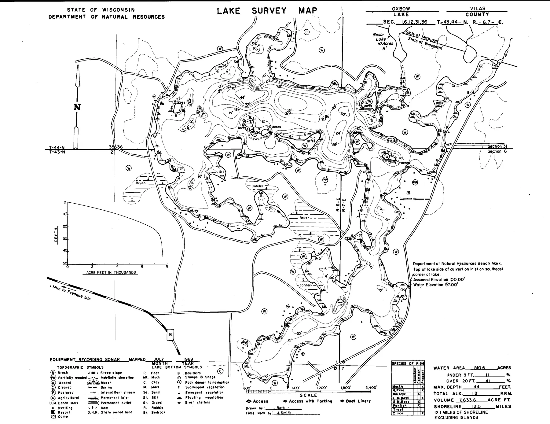 Oxbow Lake historical Wisconsin DNR depth map sheet 1