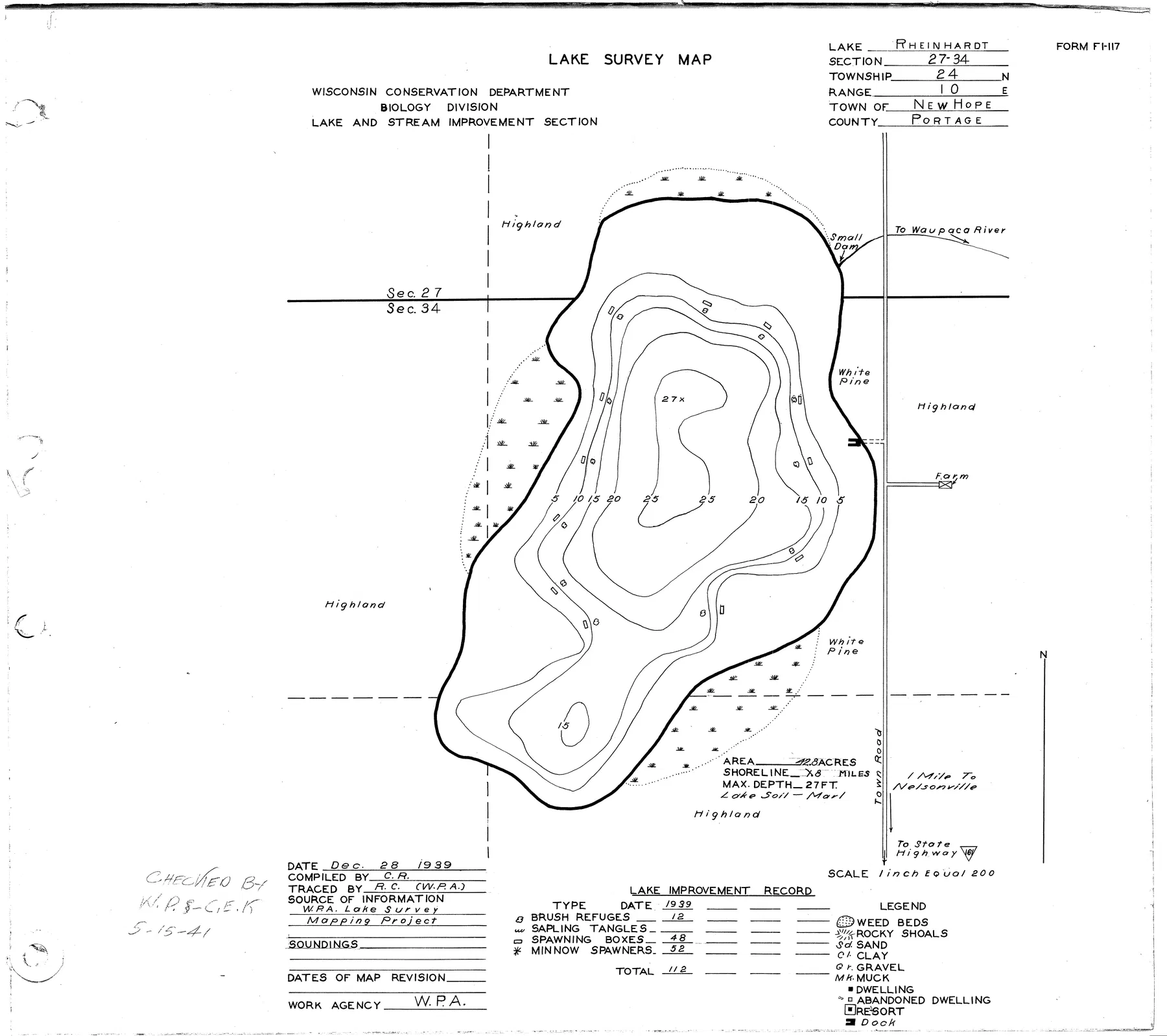 Rinehart Lake historical Wisconsin DNR depth map sheet 1