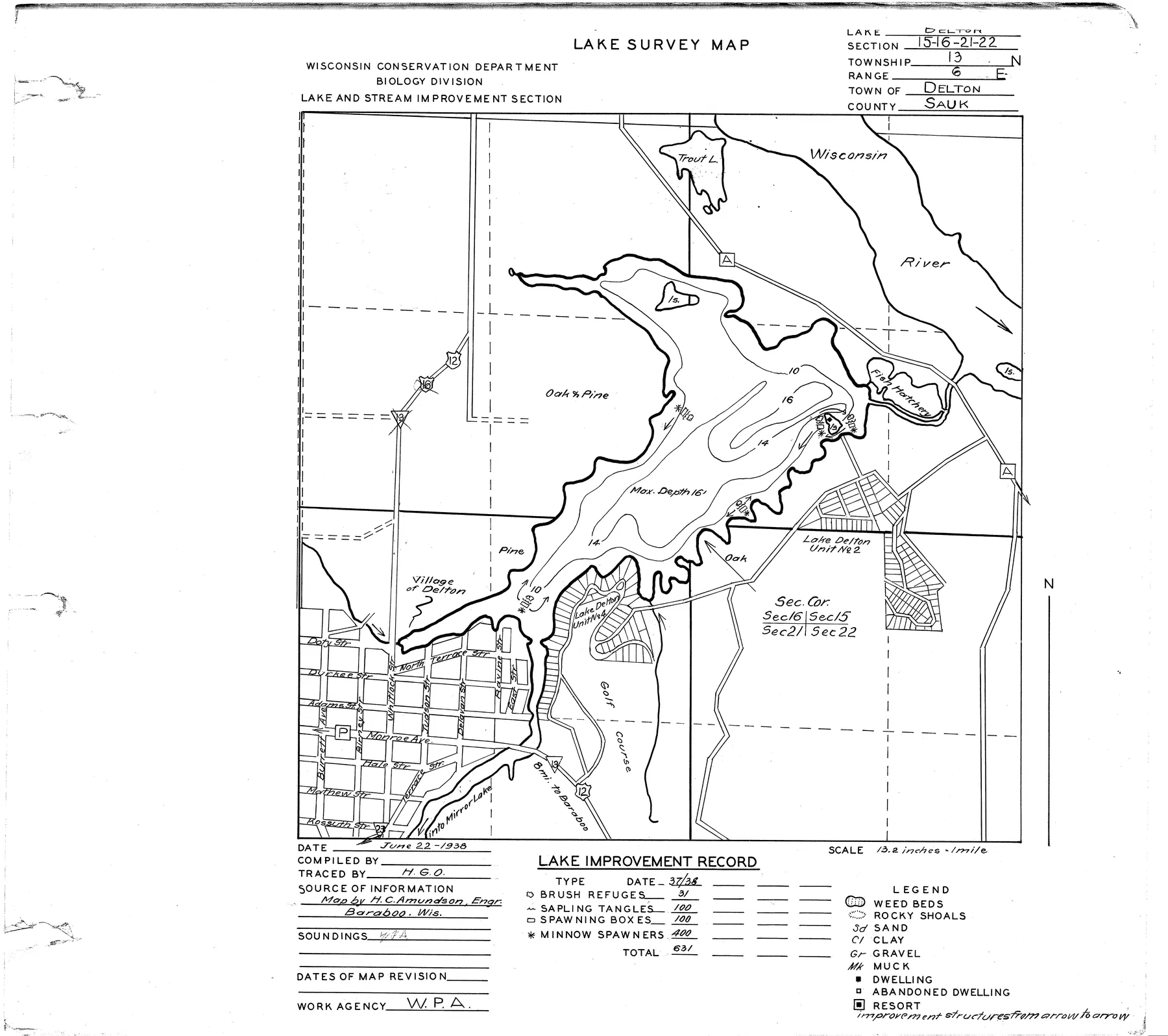 Lake Delton historical Wisconsin DNR depth map sheet 1