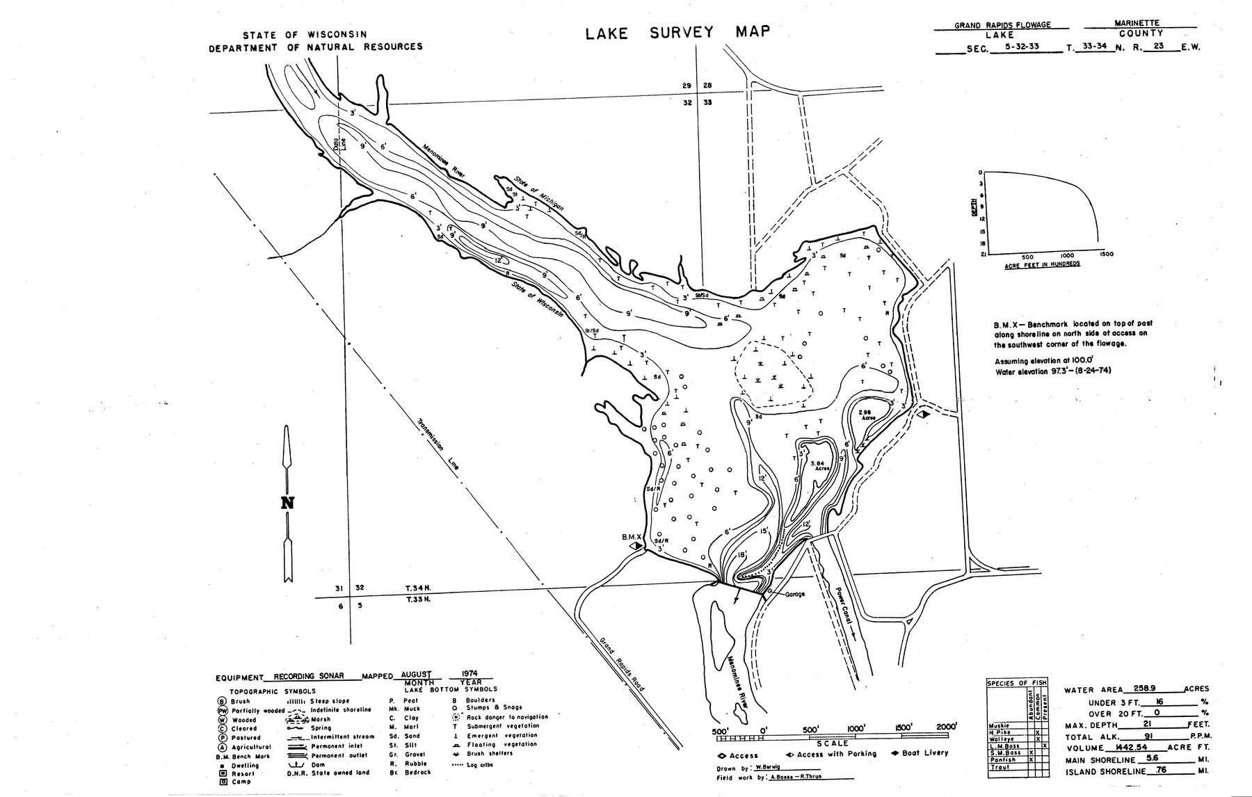 Grand Rapids Flowage historical Wisconsin DNR depth map sheet 1