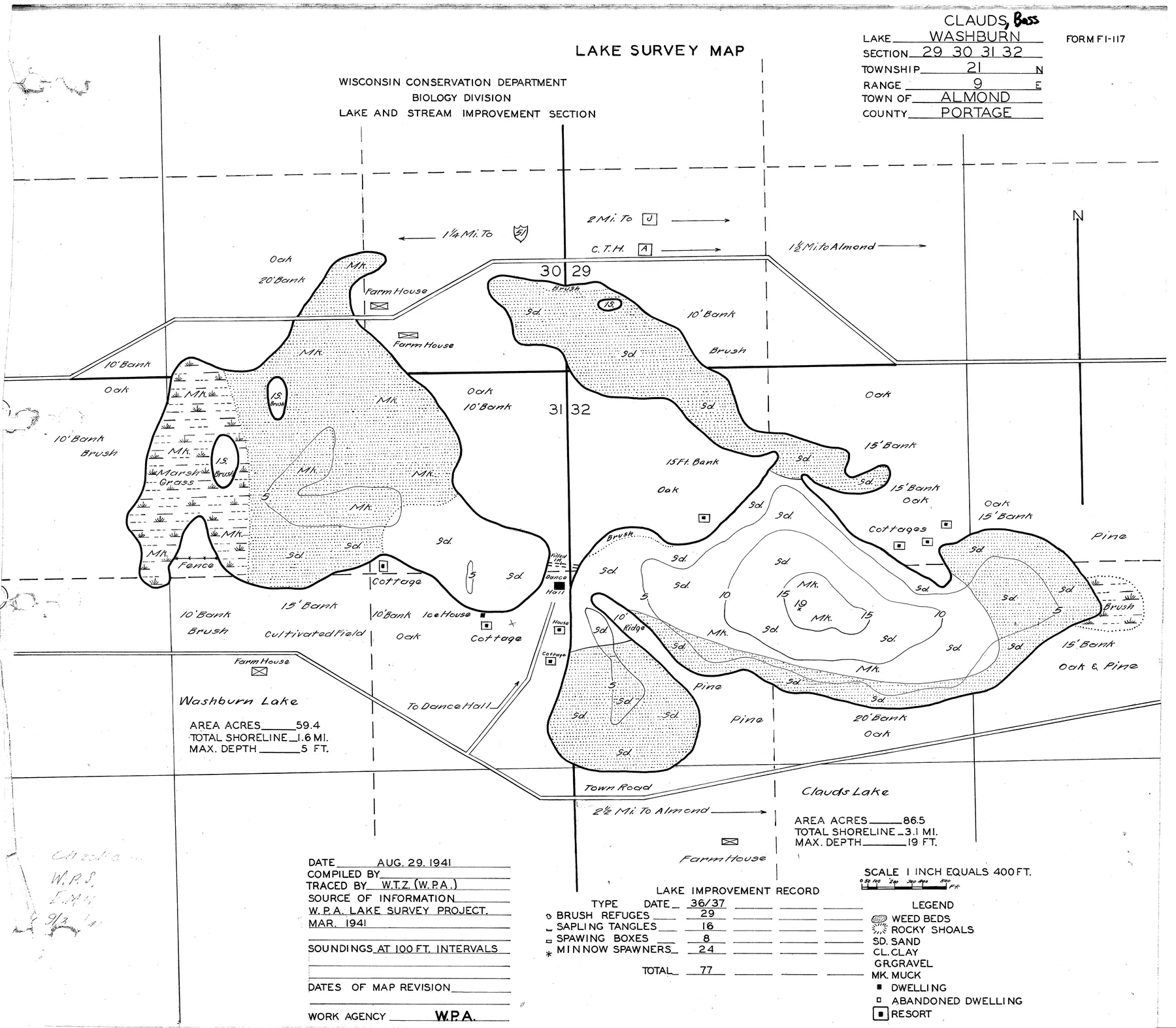 Bass Lake historical Wisconsin DNR depth map sheet 1