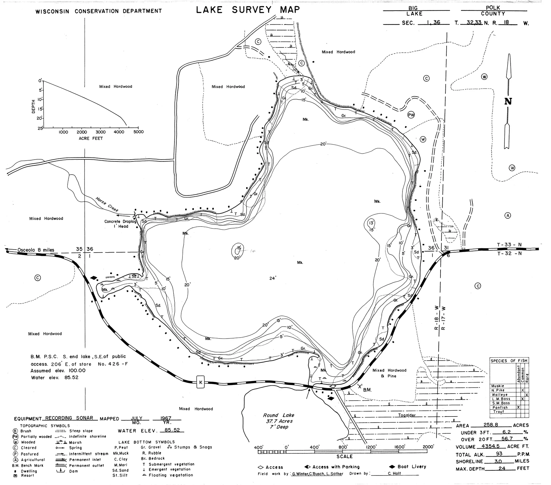 Big Lake historical Wisconsin DNR depth map sheet 1