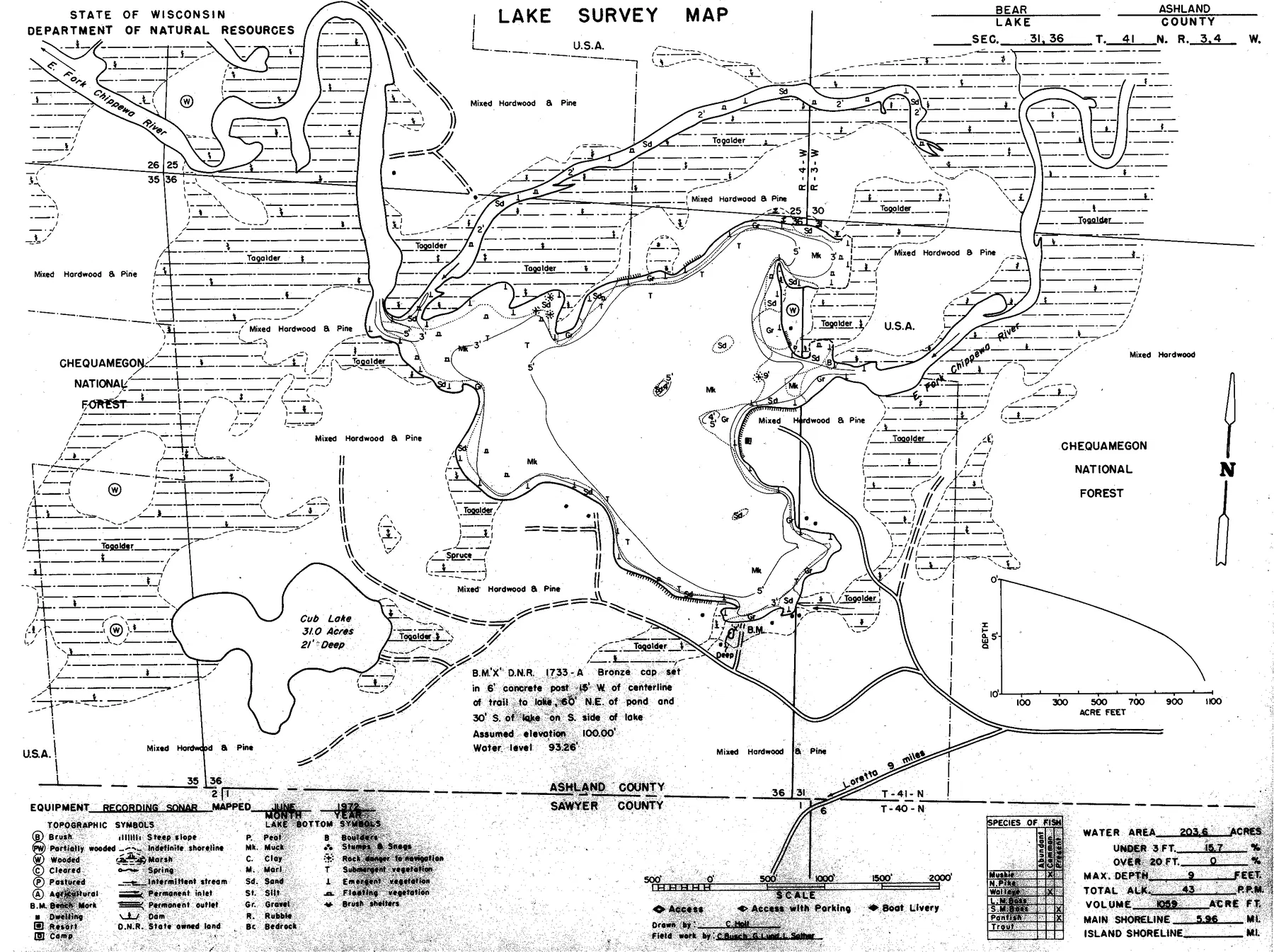 Bear Lake historical Wisconsin DNR depth map sheet 1