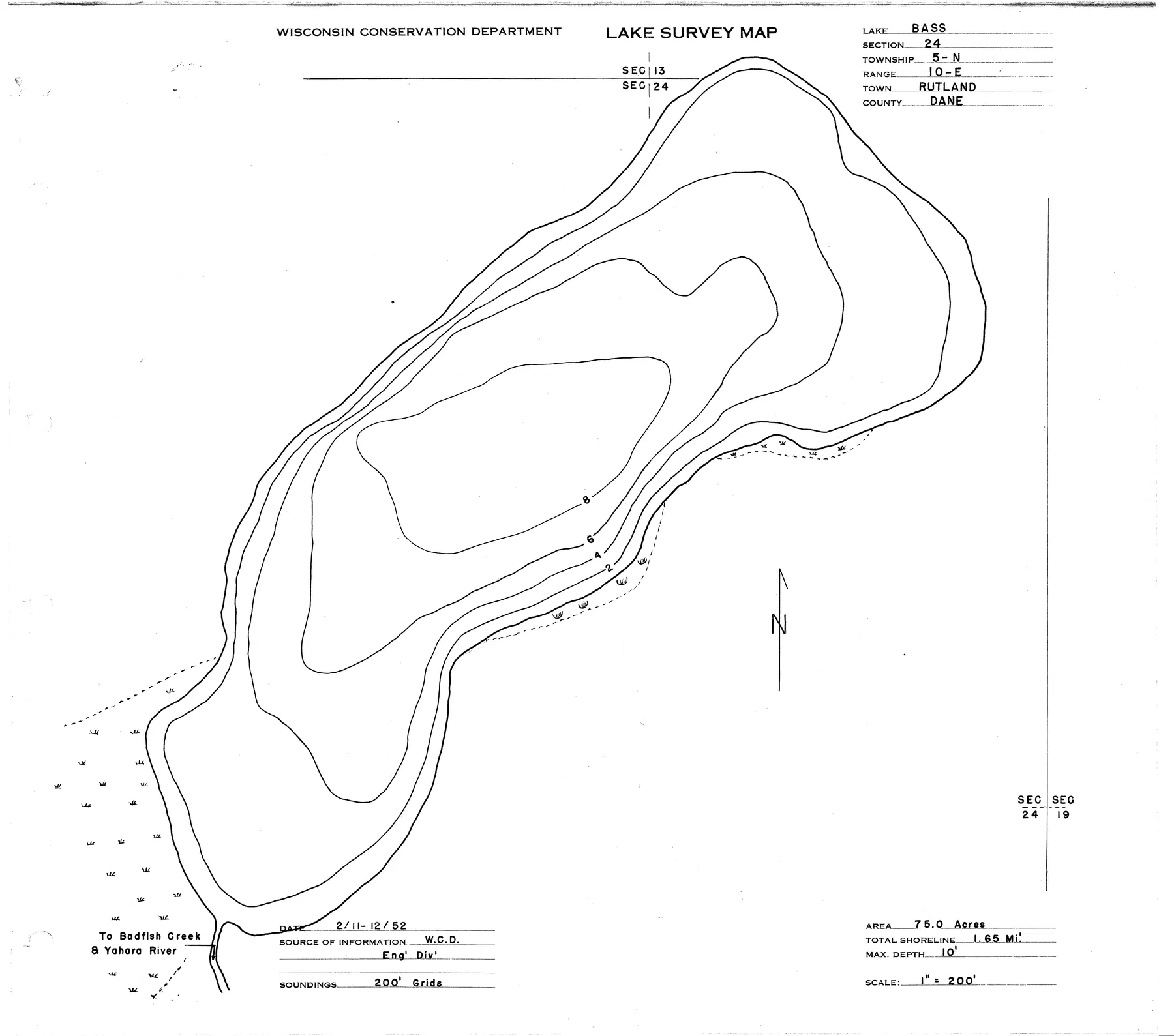 Bass Lake historical Wisconsin DNR depth map sheet 1