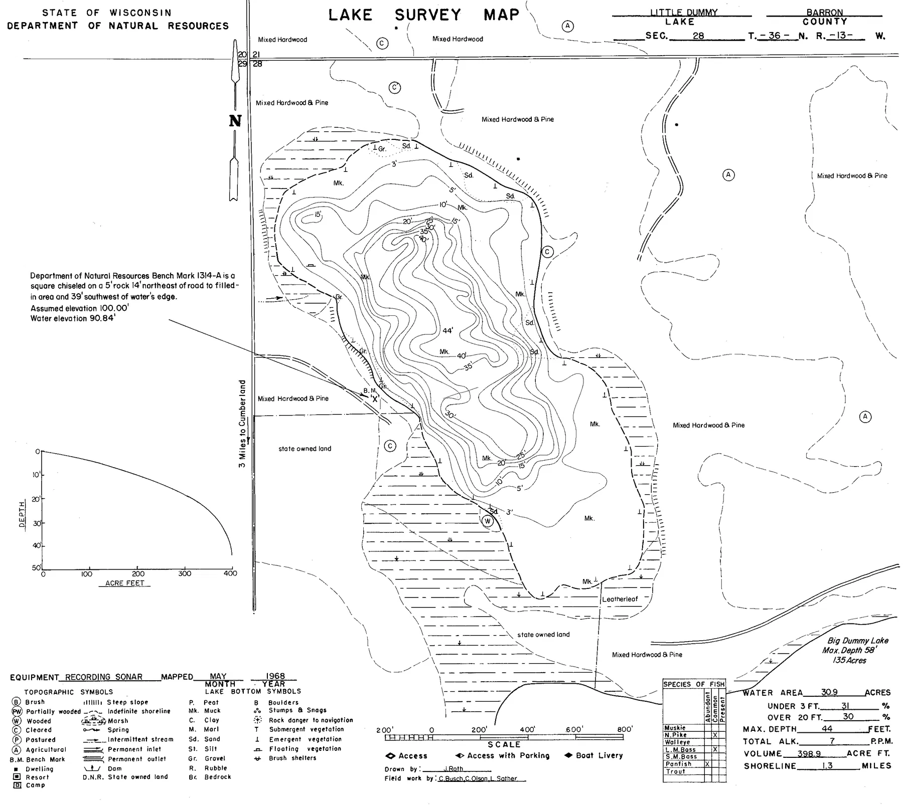 Little Dummy Lake historical Wisconsin DNR depth map sheet 1