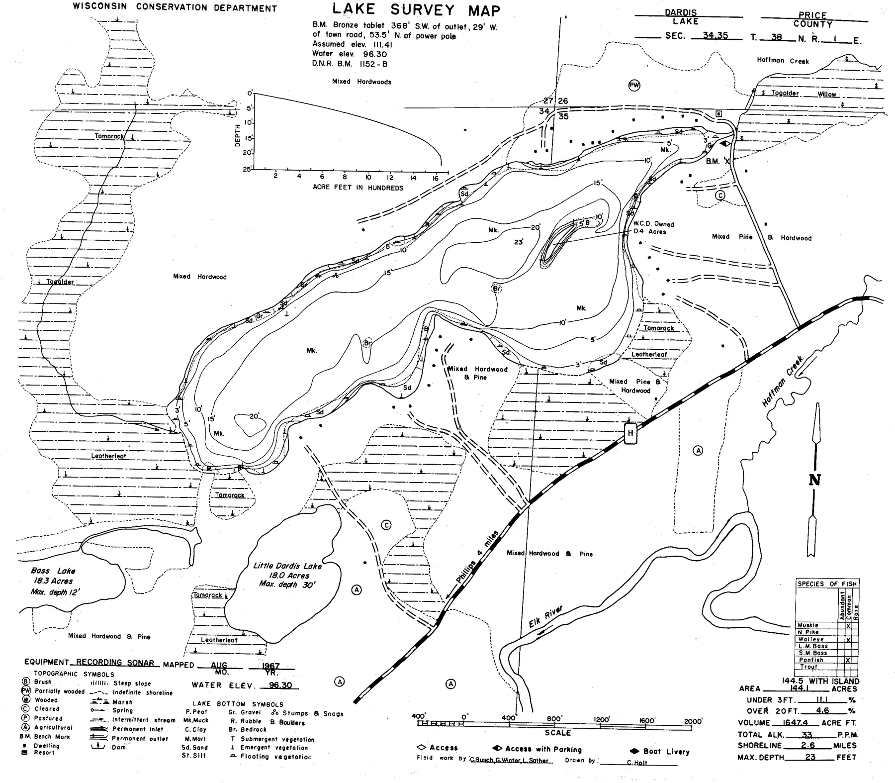 Big Dardis Lake historical Wisconsin DNR depth map sheet 1
