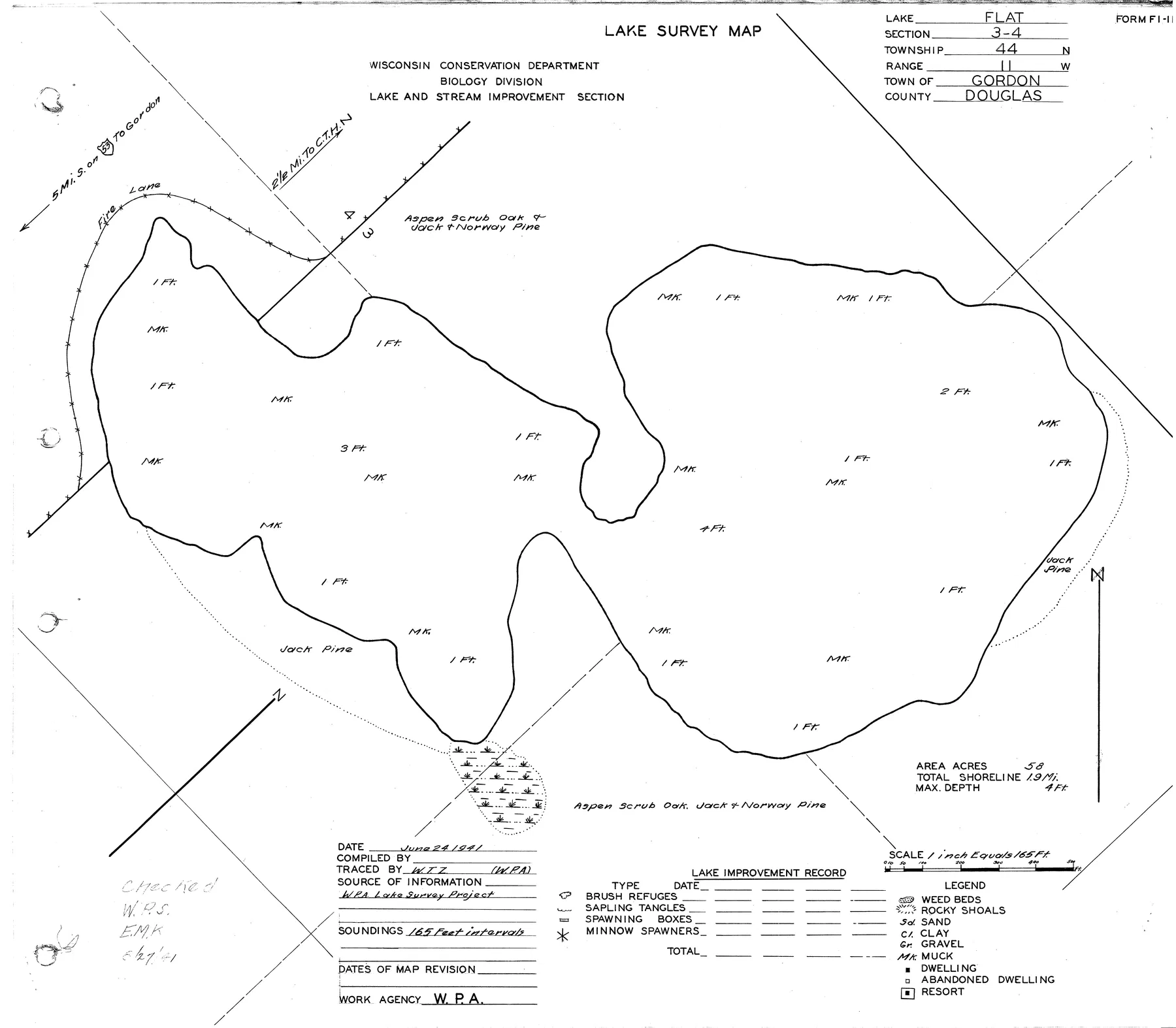 Flat Lake historical Wisconsin DNR depth map sheet 1