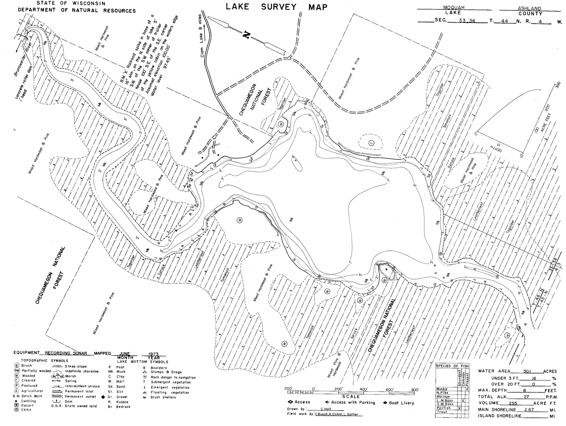 Moquah Lake historical Wisconsin DNR depth map sheet 1