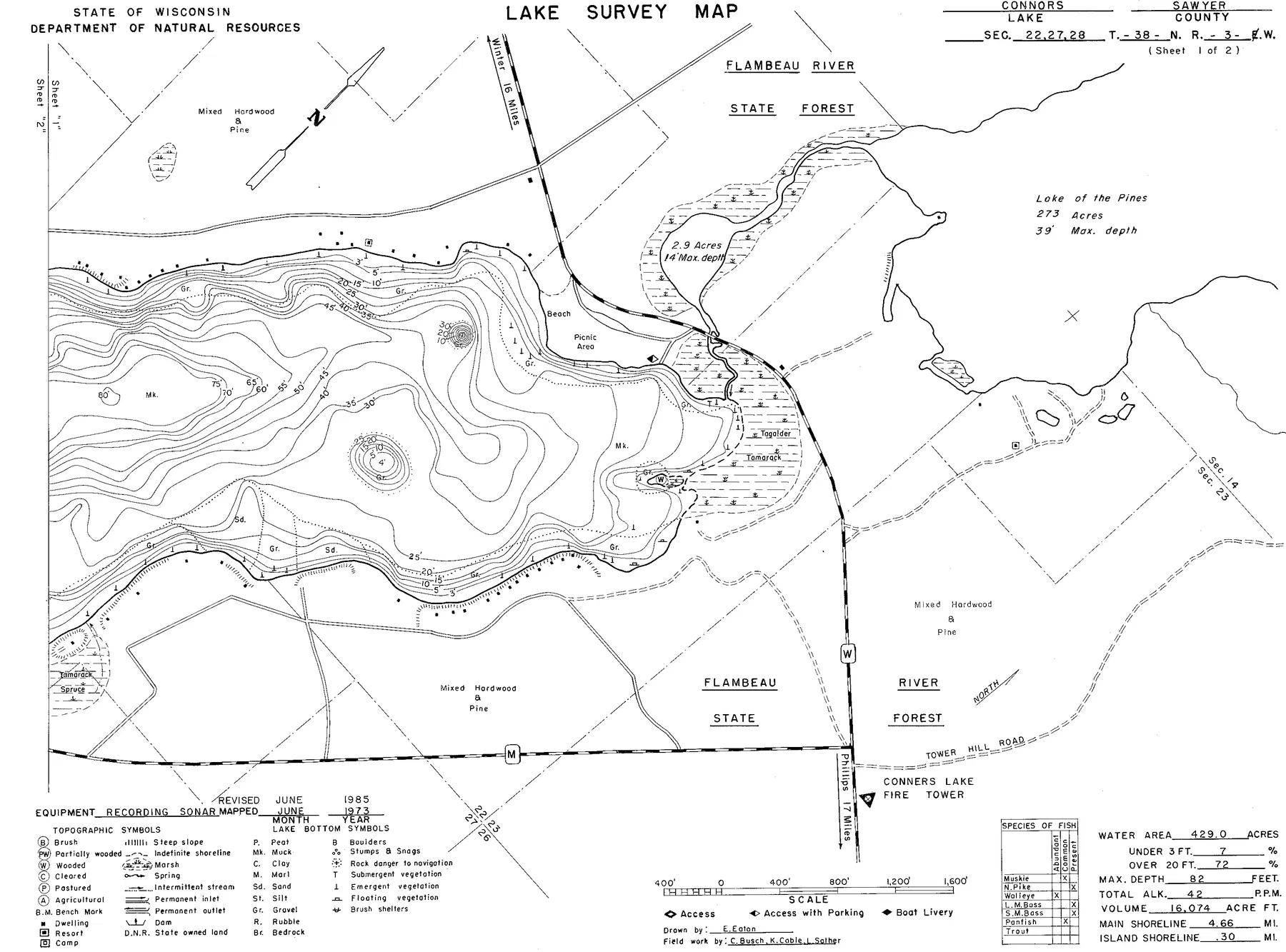 Connors Lake historical Wisconsin DNR depth map sheet 1