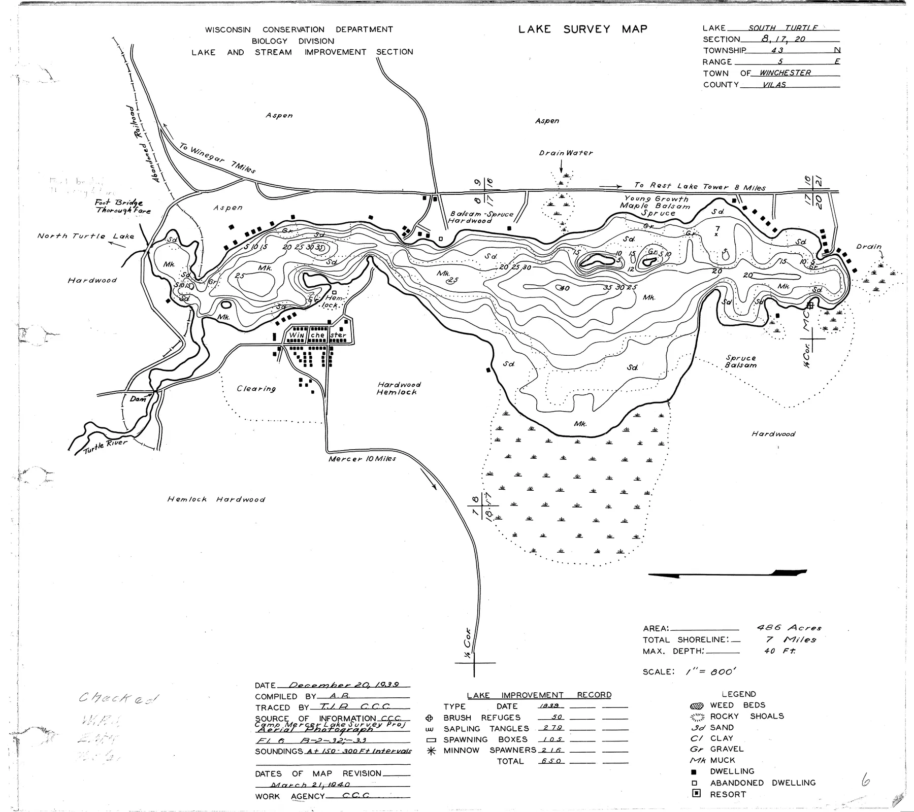 South Turtle Lake historical Wisconsin DNR depth map sheet 1