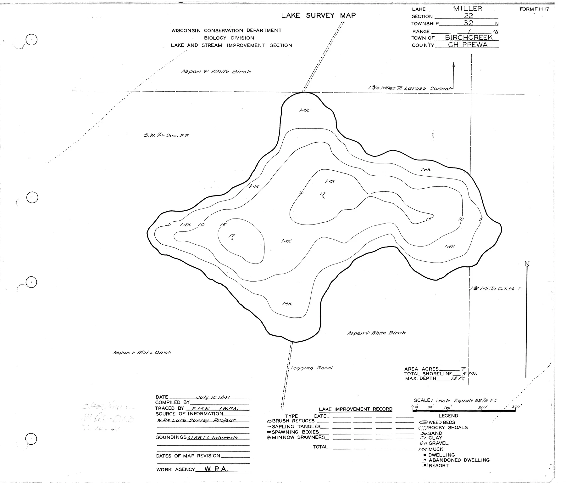 Miller Lake historical Wisconsin DNR depth map sheet 1