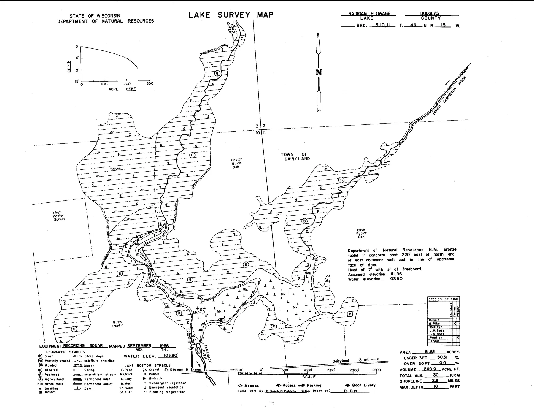 Radigan Flowage historical Wisconsin DNR depth map sheet 1