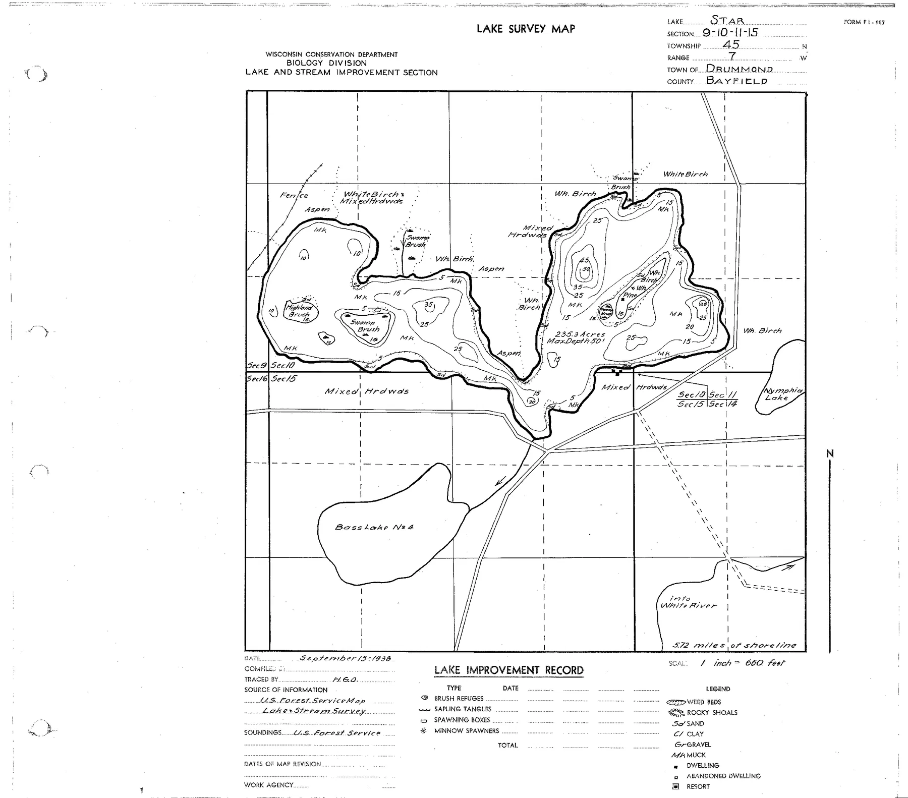 Star Lake historical Wisconsin DNR depth map sheet 1