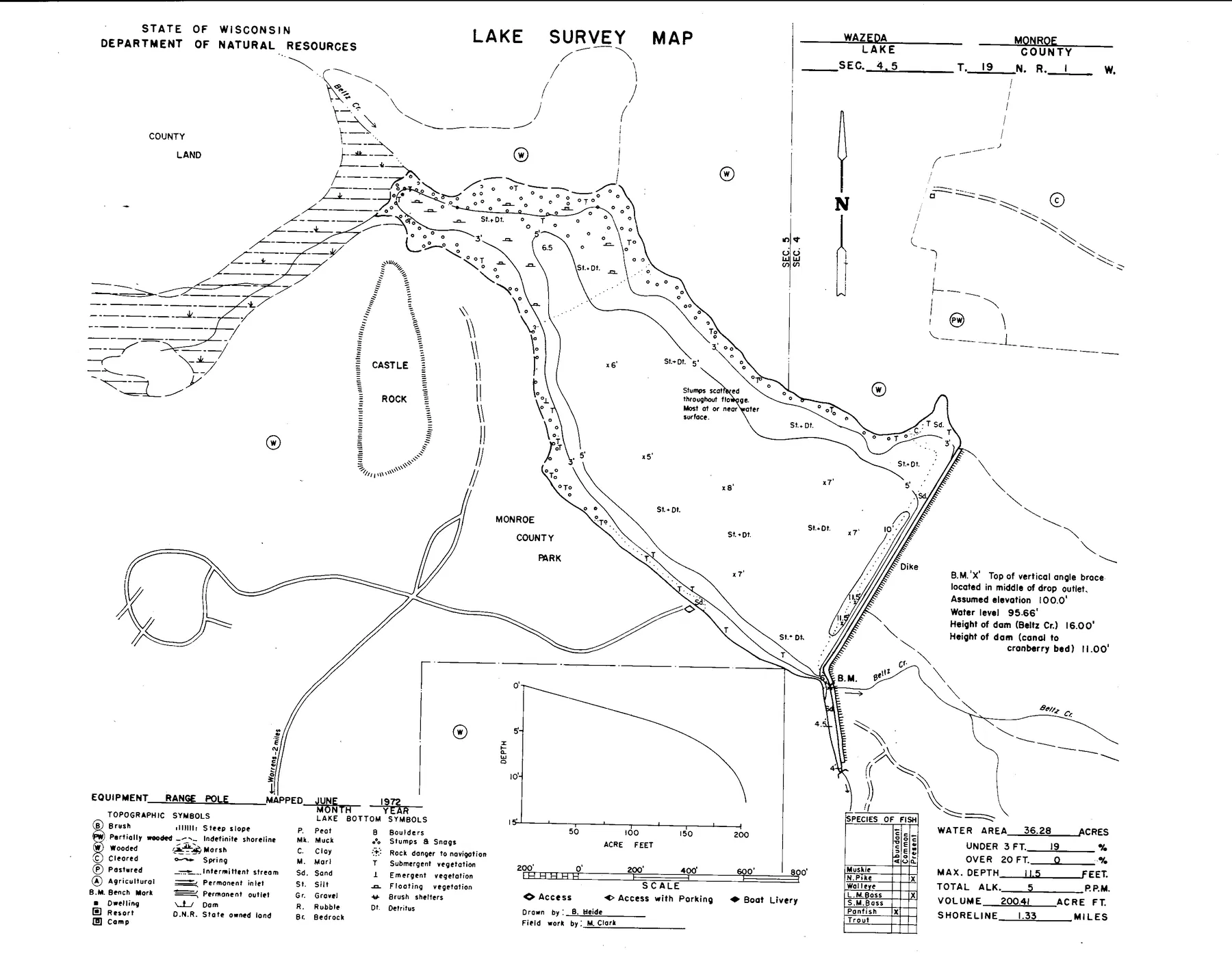 Wazeda Lake historical Wisconsin DNR depth map sheet 1