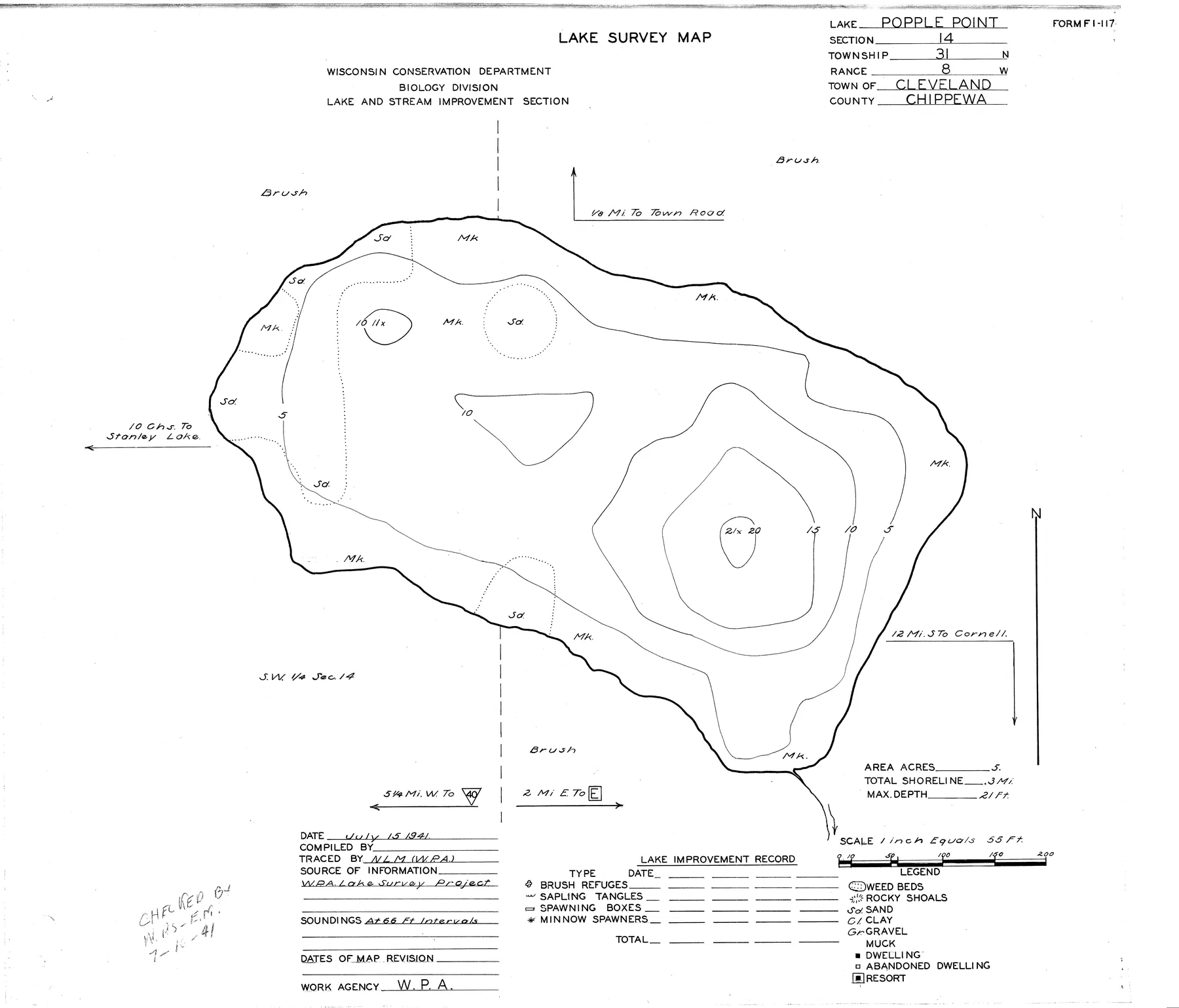 Popple Point Lake historical Wisconsin DNR depth map sheet 1