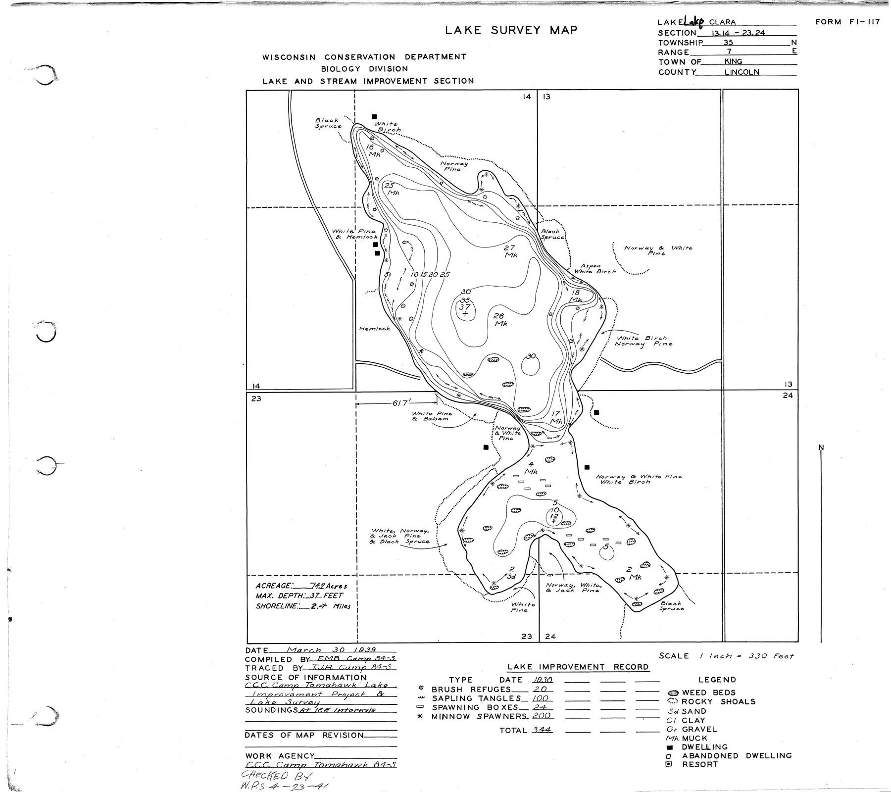 Lake Clara historical Wisconsin DNR depth map sheet 1