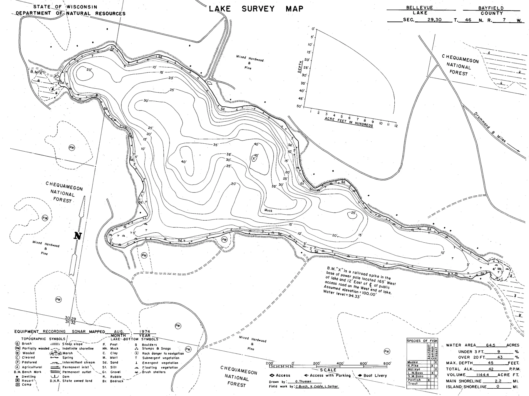 Bellevue Lake historical Wisconsin DNR depth map sheet 1