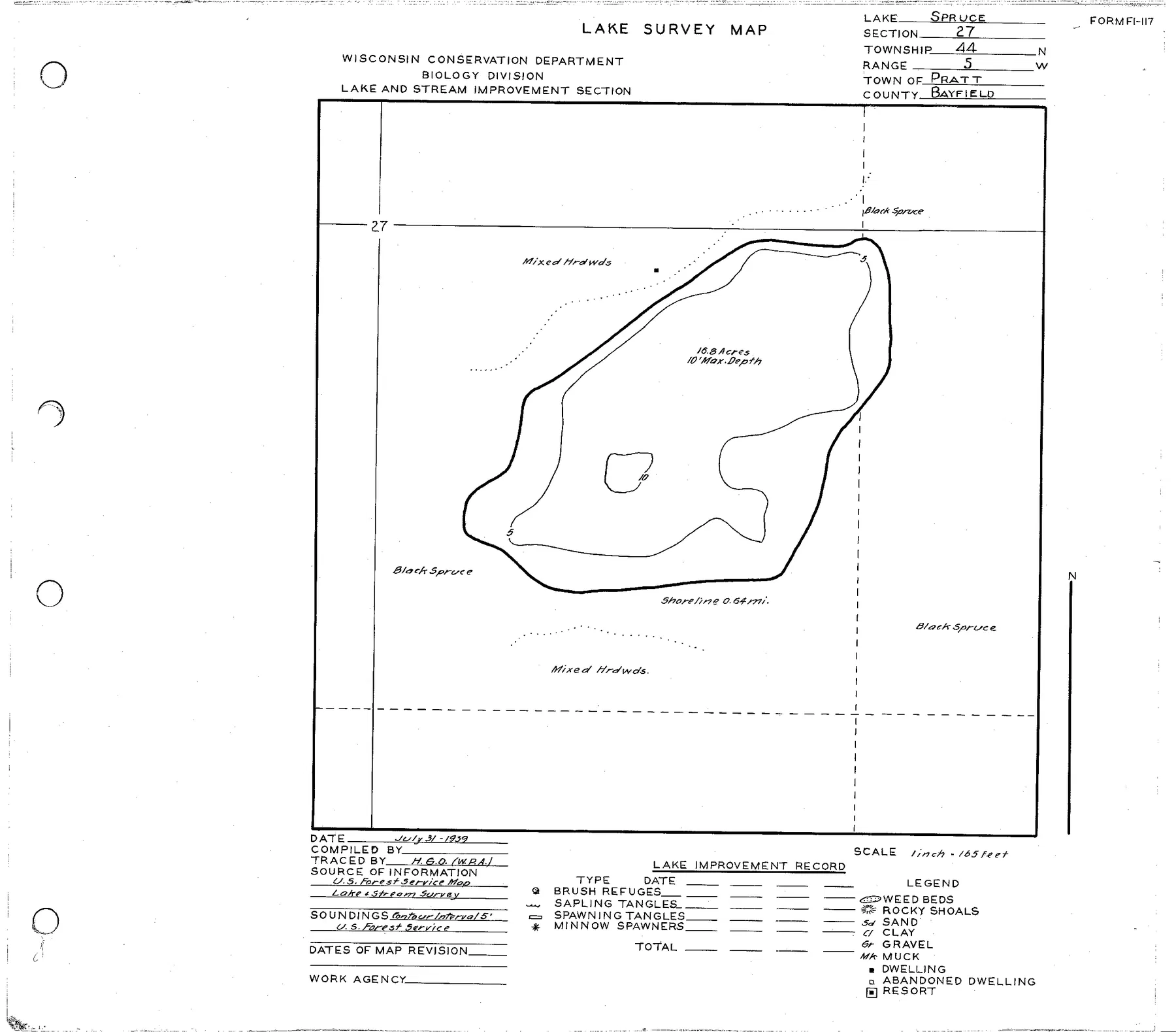 Spruce Lake historical Wisconsin DNR depth map sheet 1