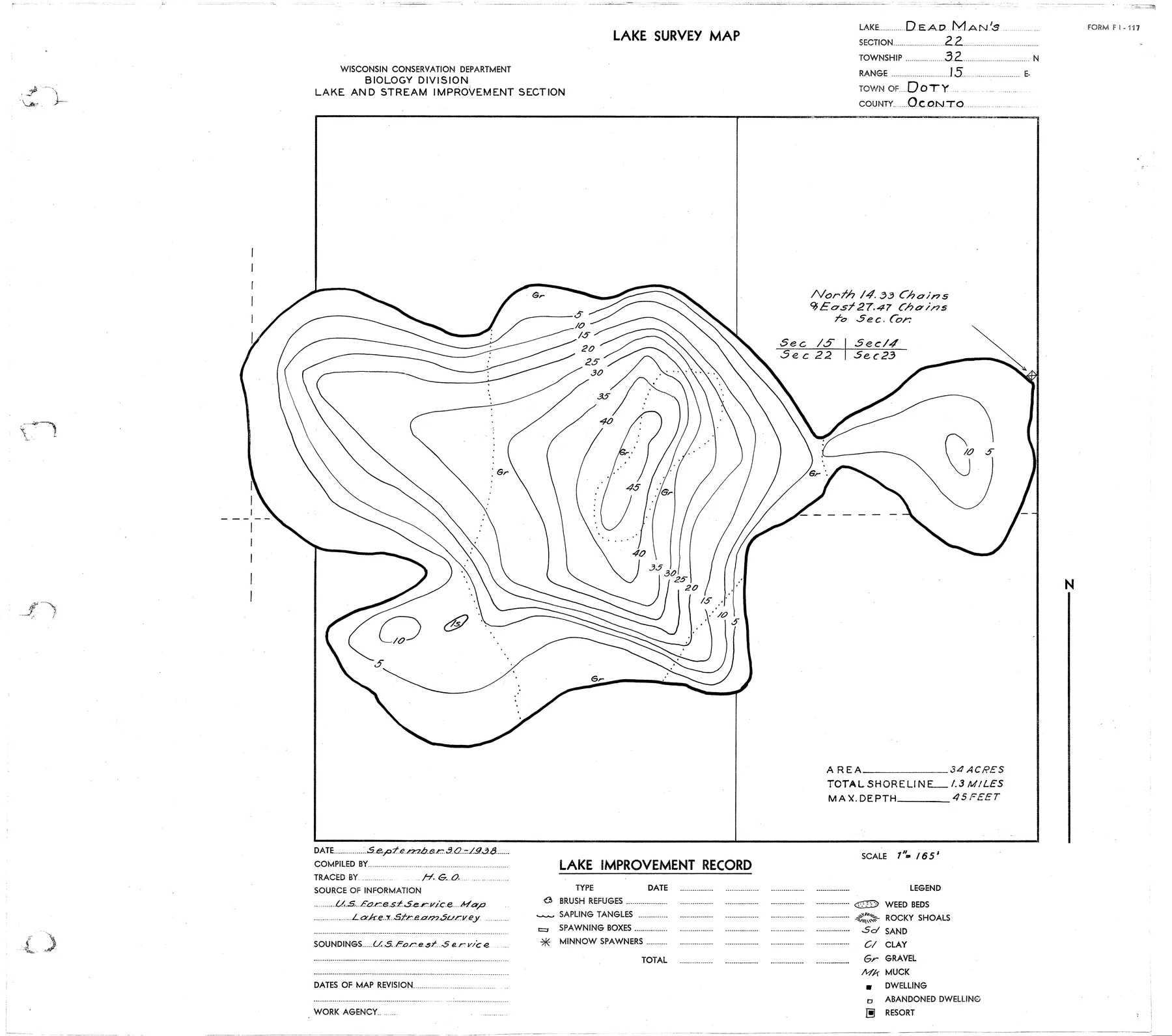 Deadman Lake historical Wisconsin DNR depth map sheet 1