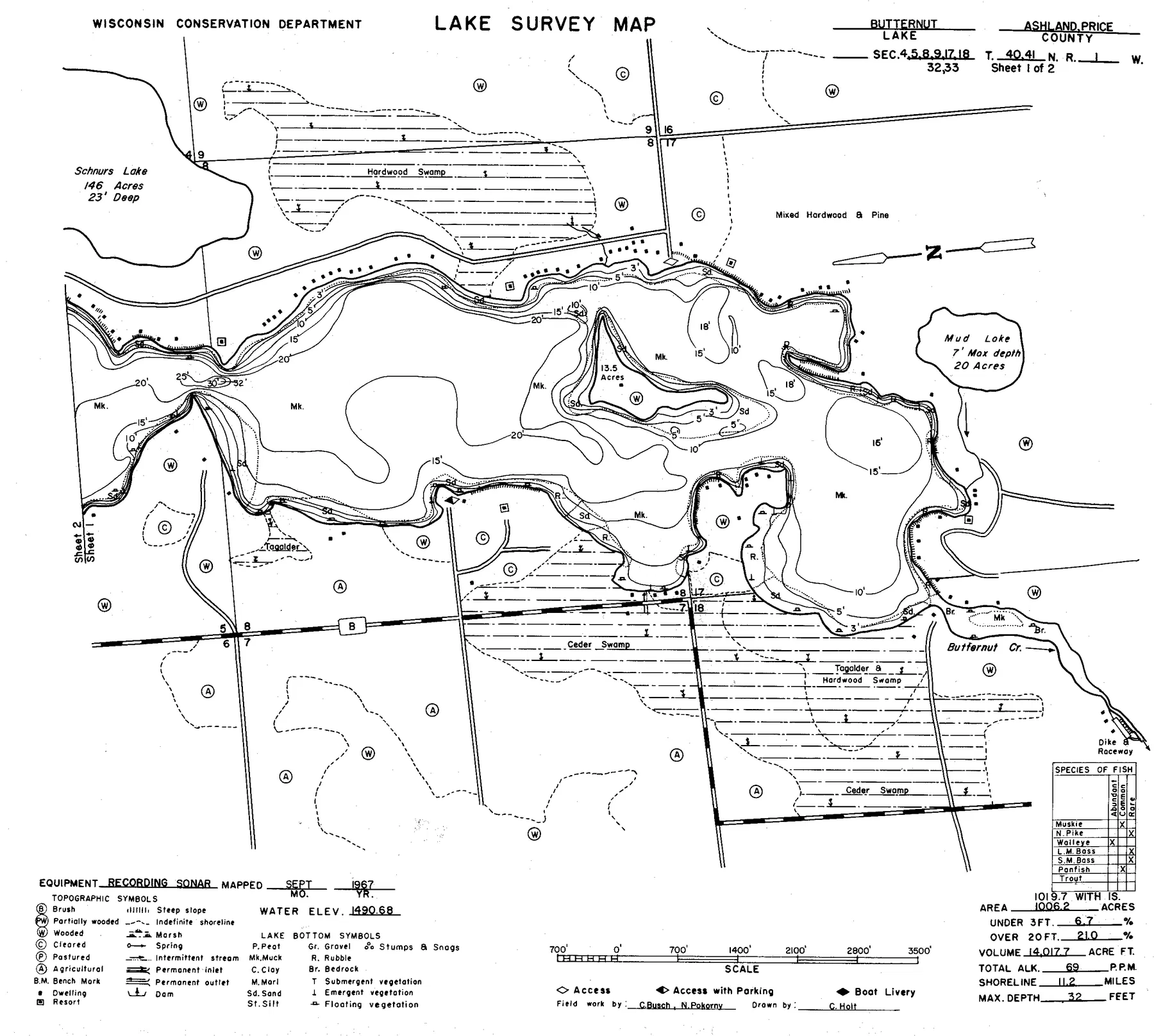 Butternut Lake historical Wisconsin DNR depth map sheet 1