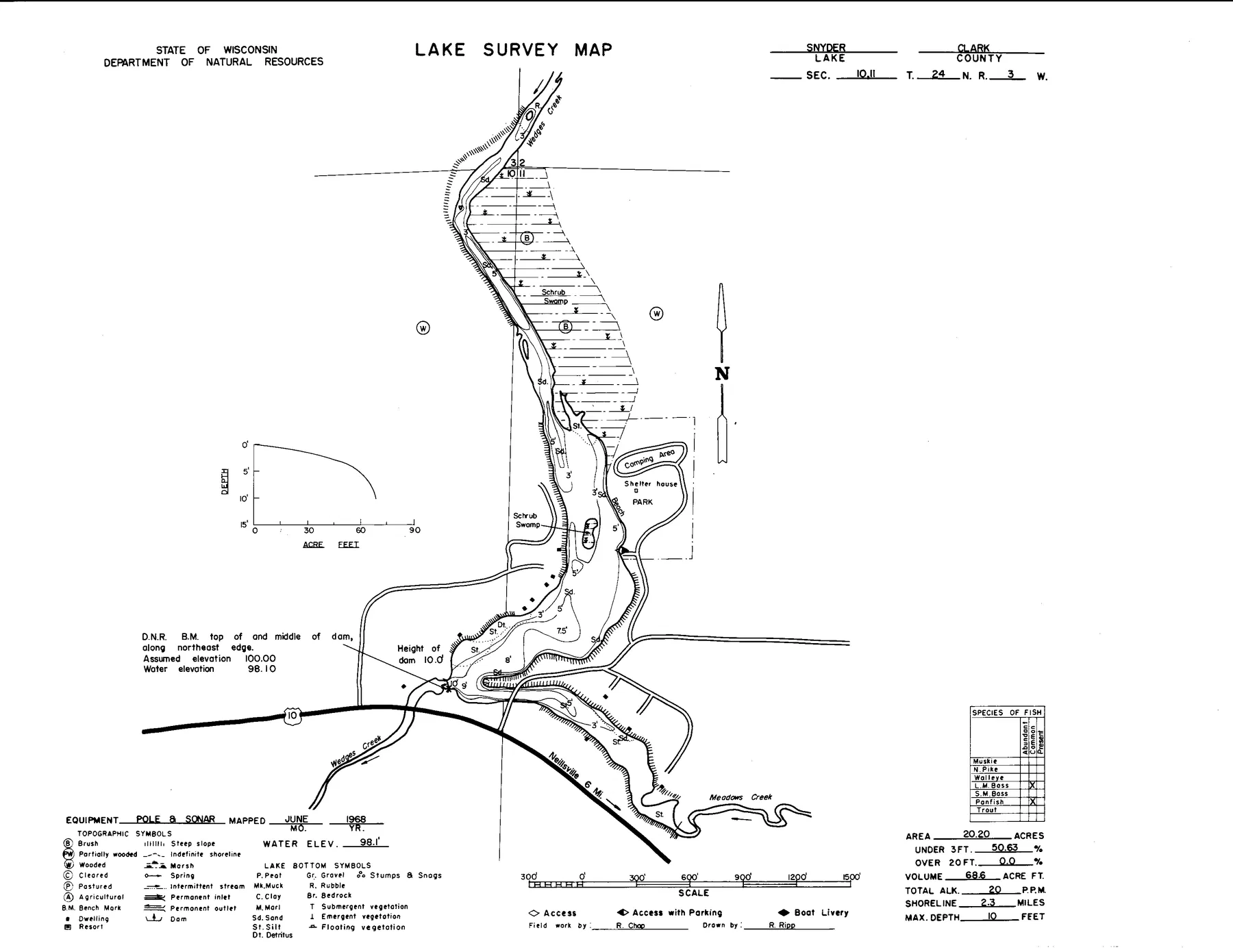Snyder Lake historical Wisconsin DNR depth map sheet 1