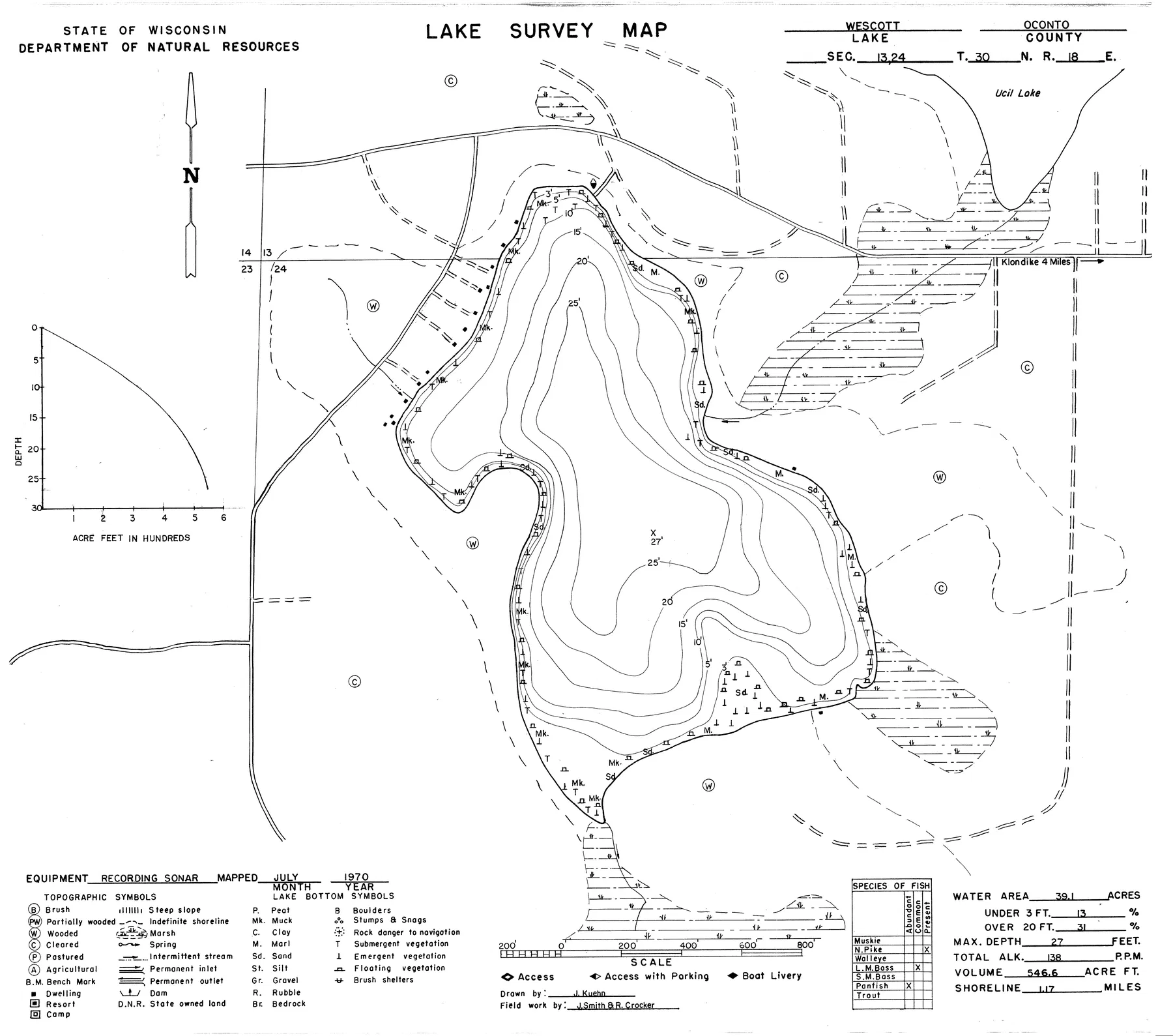 Wescott Lake historical Wisconsin DNR depth map sheet 1